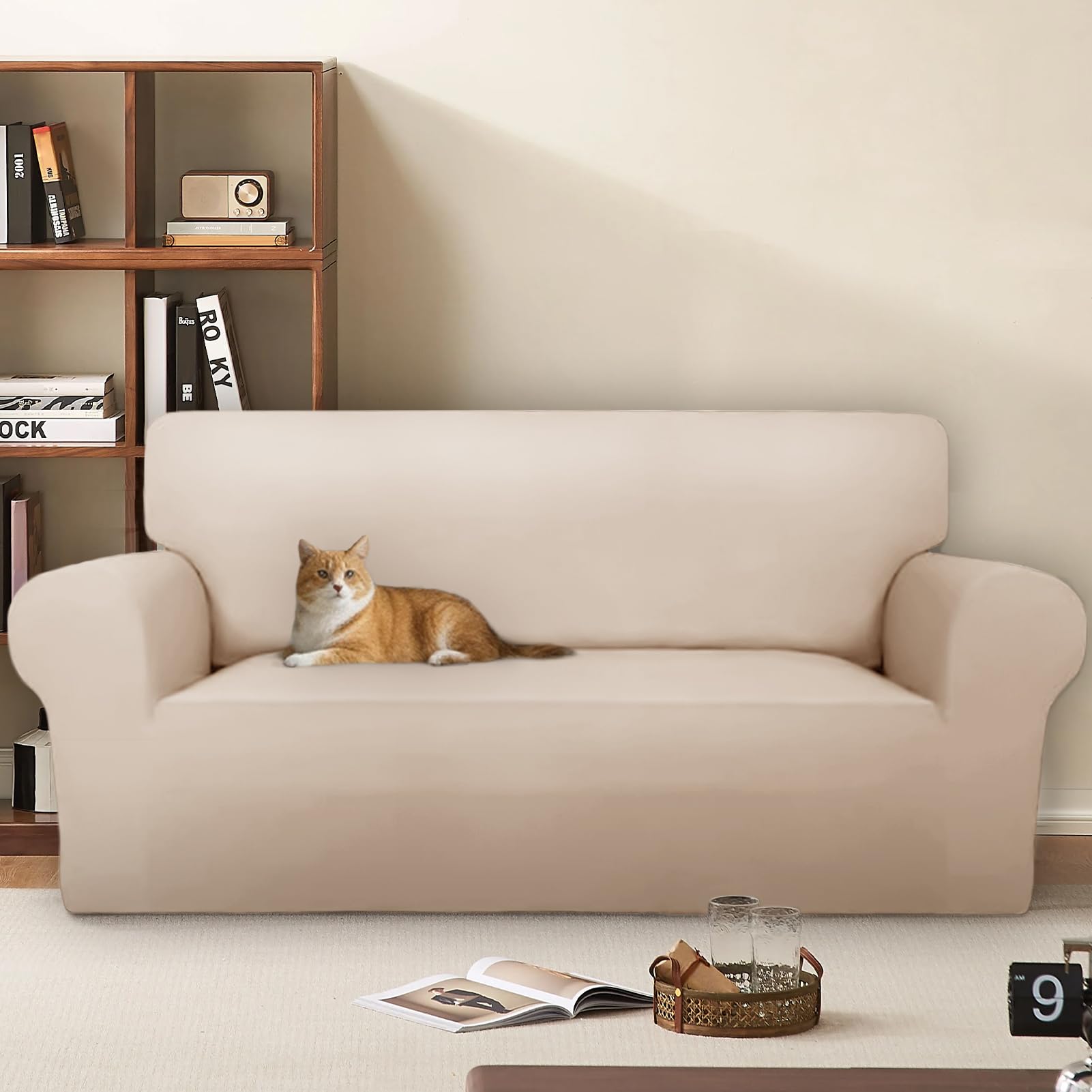 Copridivano 3 Posti in Velluto Elasticizzato, Beige