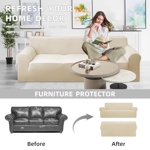 Copridivano 3 Posti in Velluto Elasticizzato, Beige - immagine 3