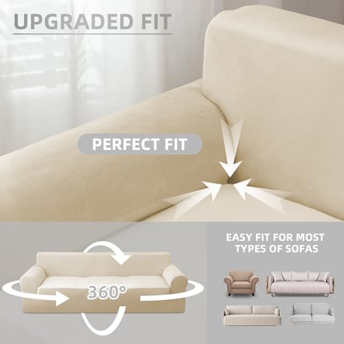 Copridivano 3 Posti in Velluto Elasticizzato, Beige - immagine 4