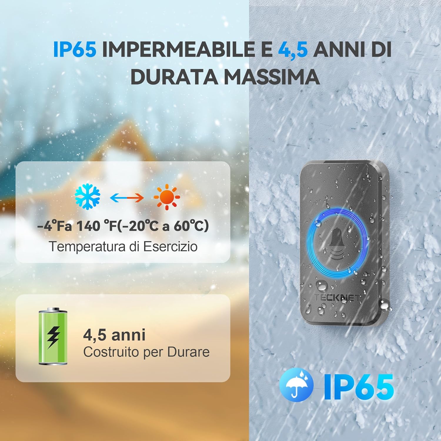 TECKNET Campanello Wireless da Esterno Impermeabile 500m - immagine 4