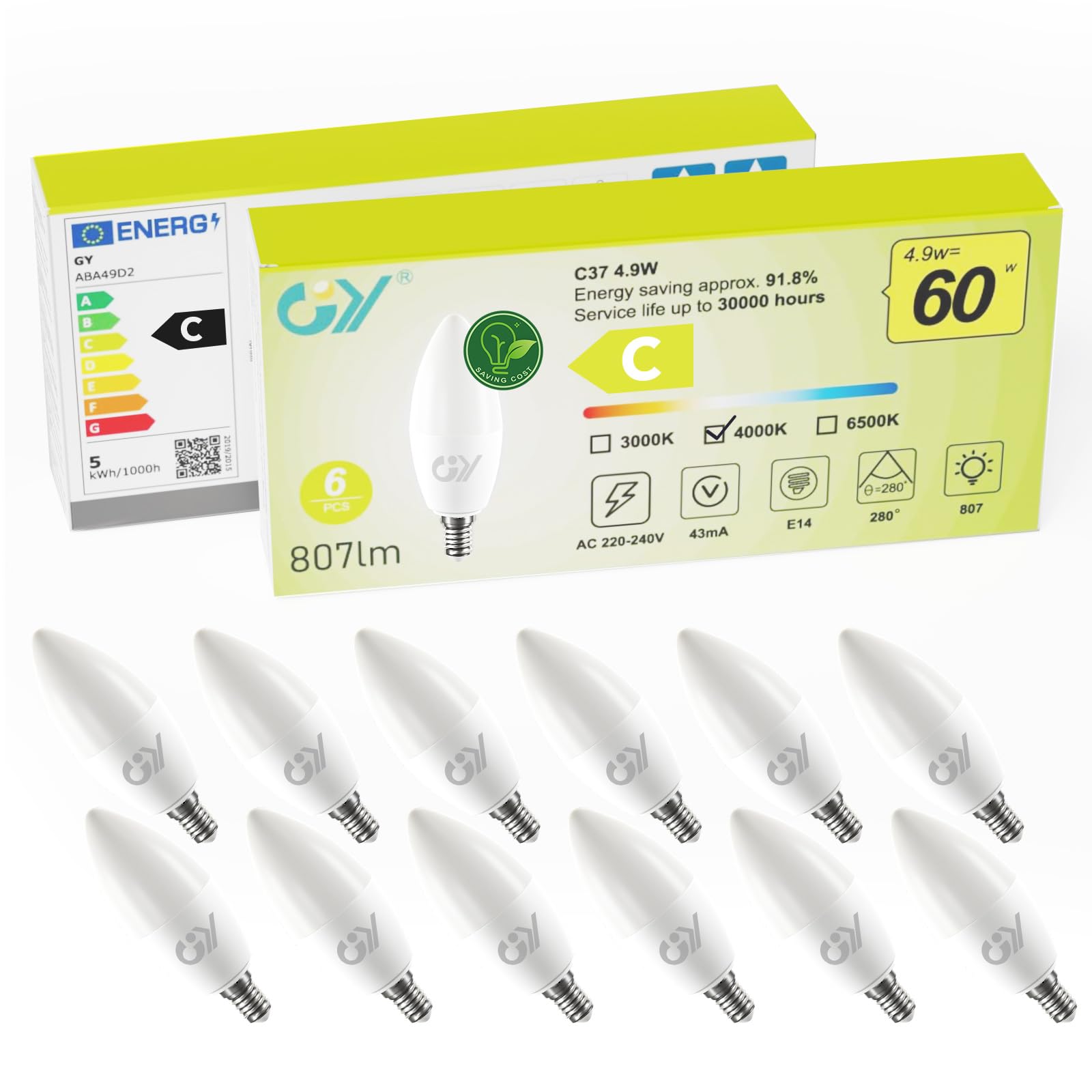 Gy Lampadine LED E14 4.9W, Bianco Neutro, 12 pezzi