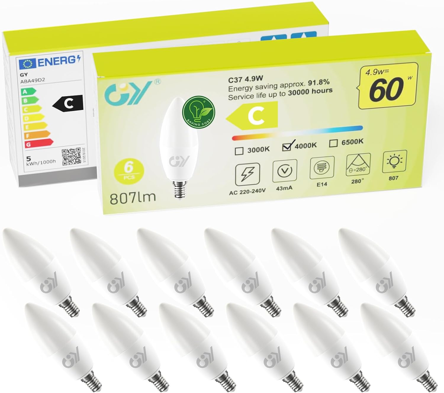 Gy Lampadine LED E14 4.9W, Bianco Neutro, 12 pezzi - immagine 1