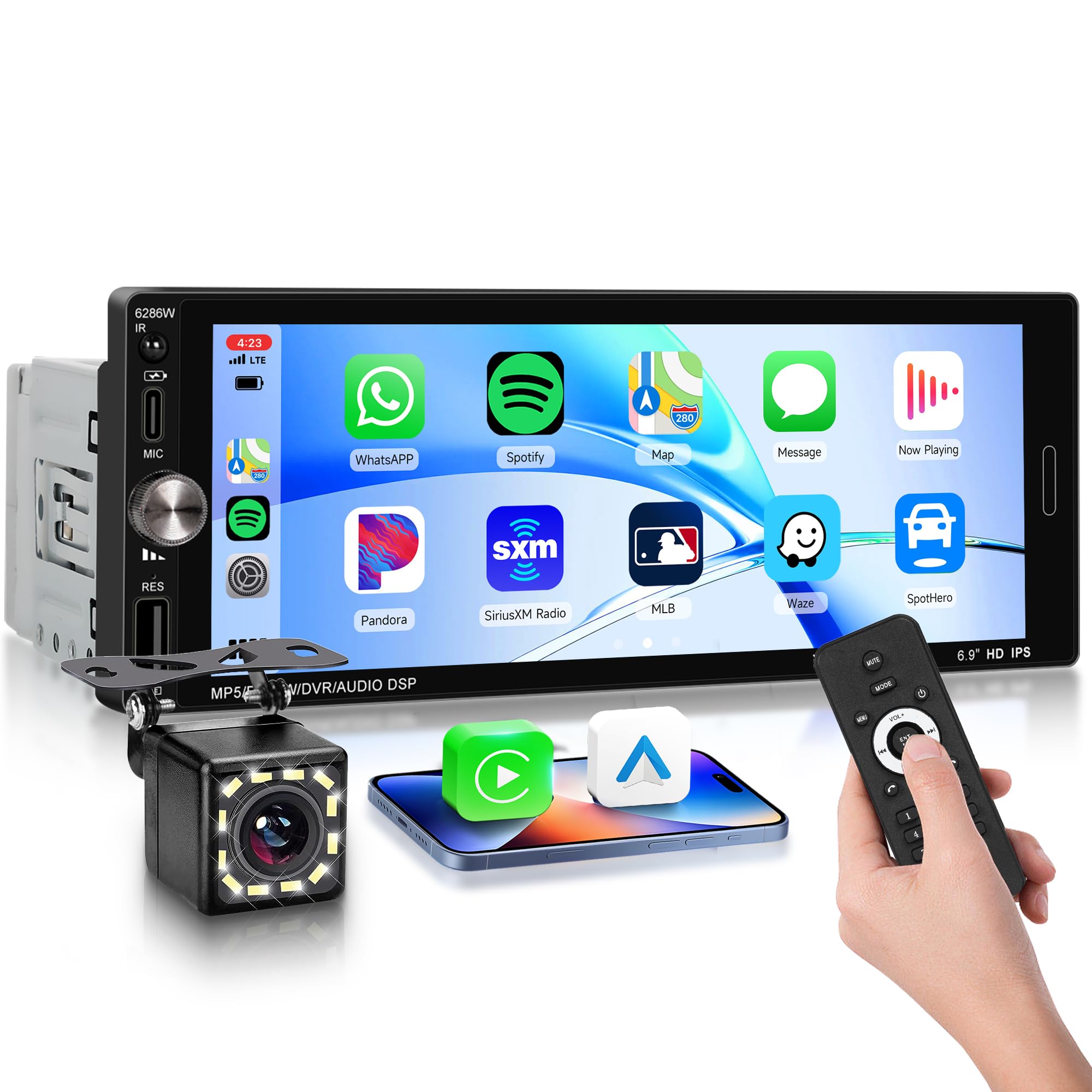 Rimoody Autoradio 1 Din Carplay Android Auto Wireless, 6.9'' IPS Touchscreen Stereo Carplay 1 Din con Mirror Link Vivavoce Bluetooth FM EQ Tipo-C USB Controllo del Volante Retrocamera Microfono