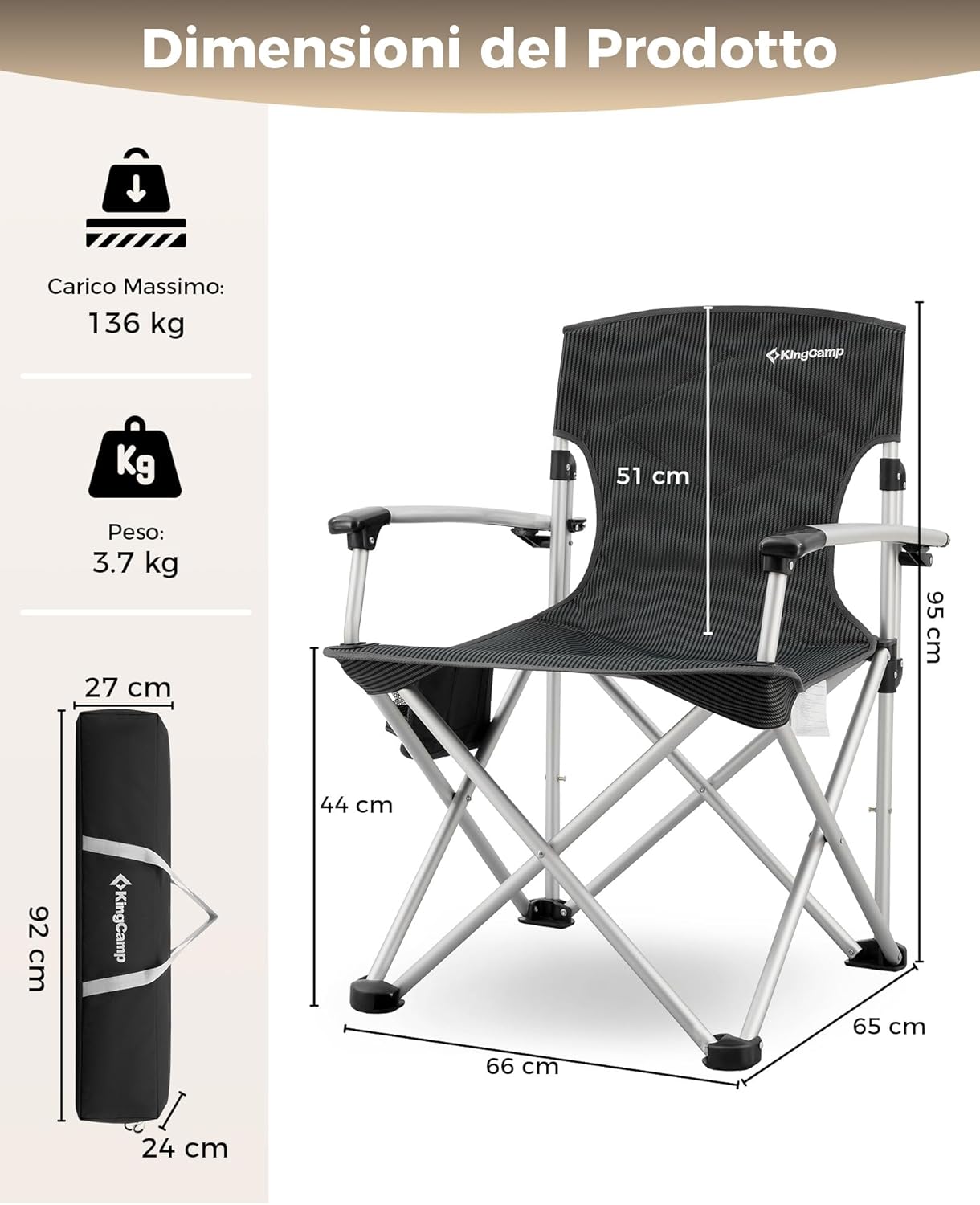 Kingcamp Sedia da Campeggio Pieghevole Robusta 205 kg - immagine 2
