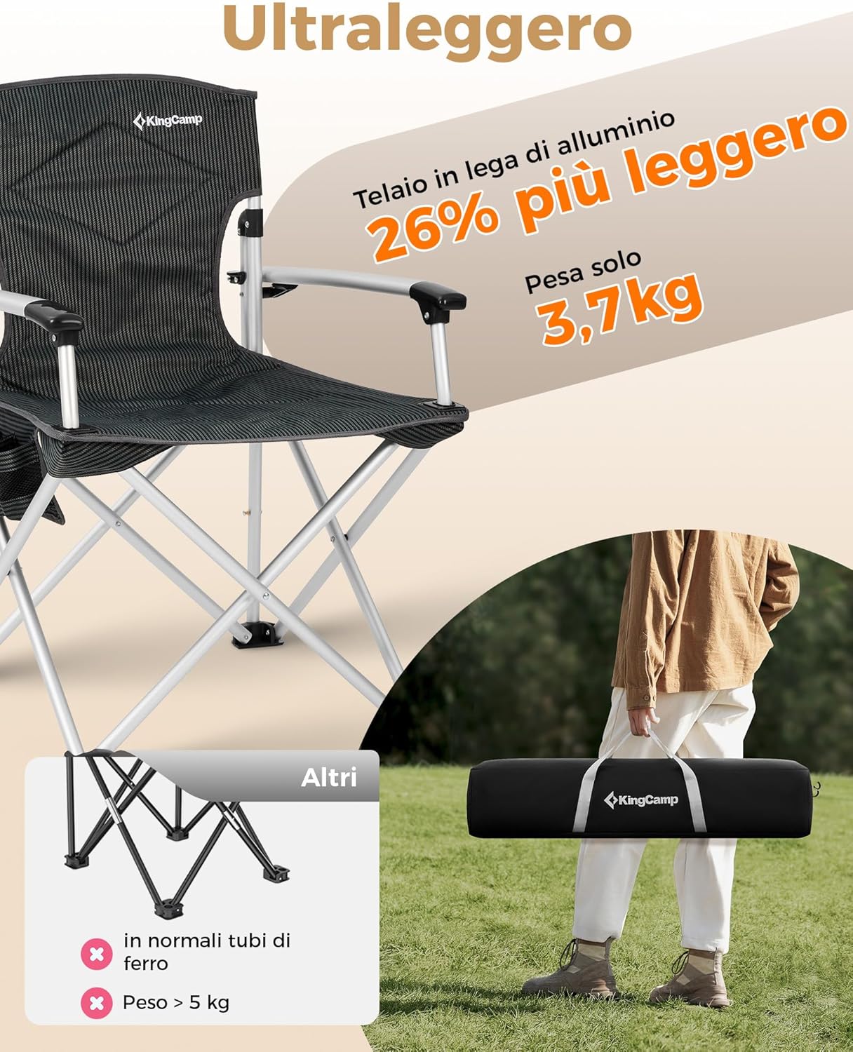 Kingcamp Sedia da Campeggio Pieghevole Robusta 205 kg - immagine 3
