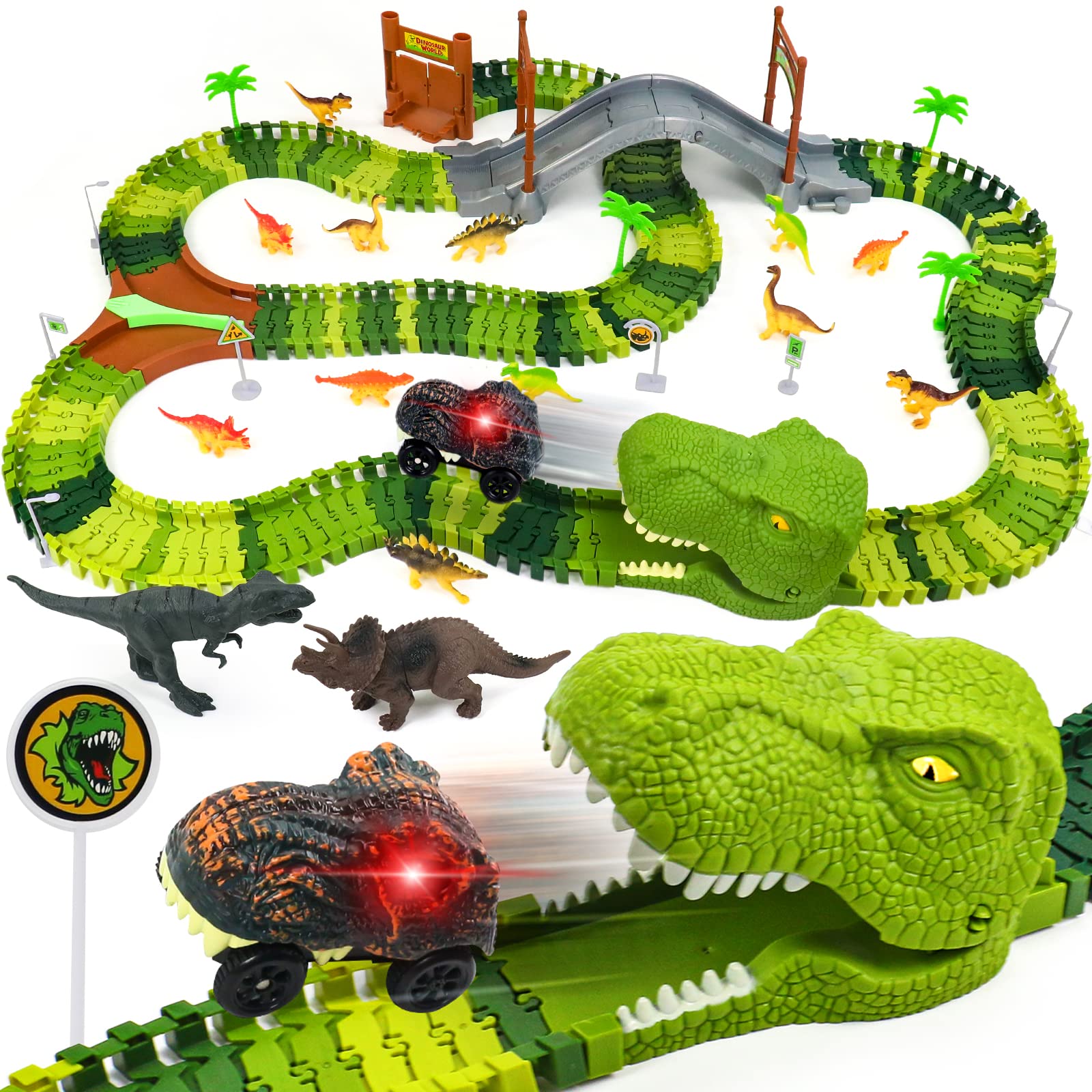 Pista Macchinine Dinosauri Giocattolo con 14 Dinosauri e LED Cars