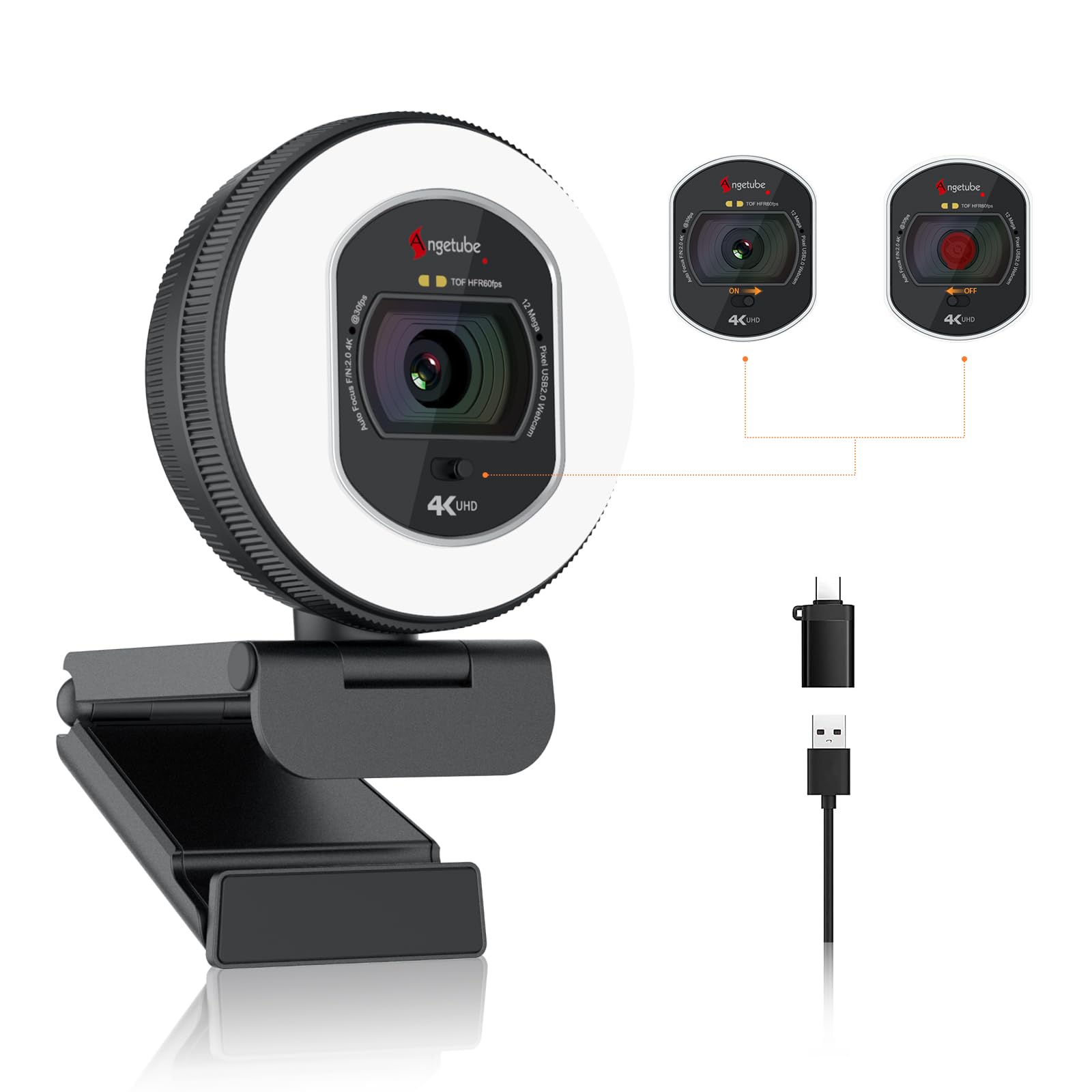 Angetube Webcam 4K con Luce per PC