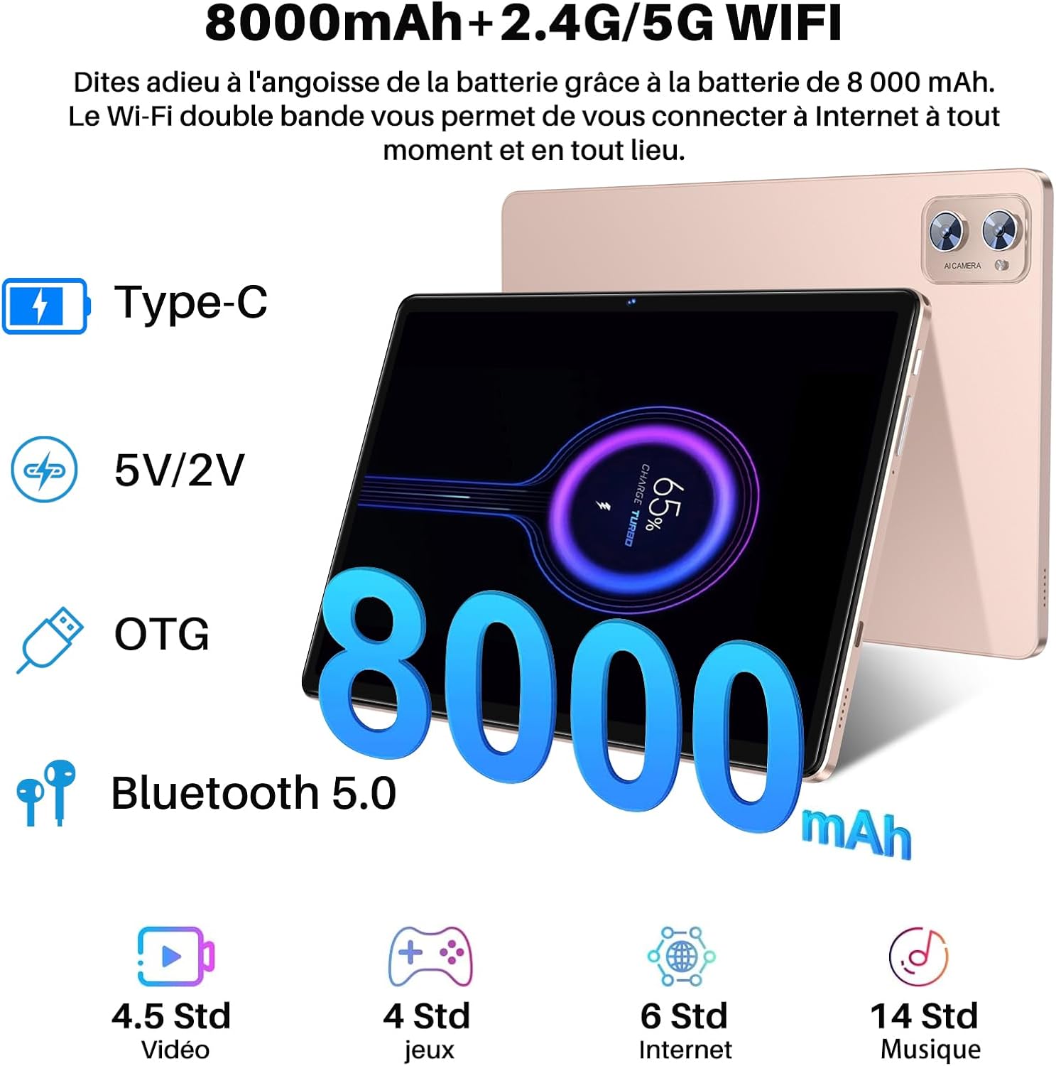 Suaat Tablet 11" Android 14, 24GB RAM 256GB ROM, Oro - immagine 4