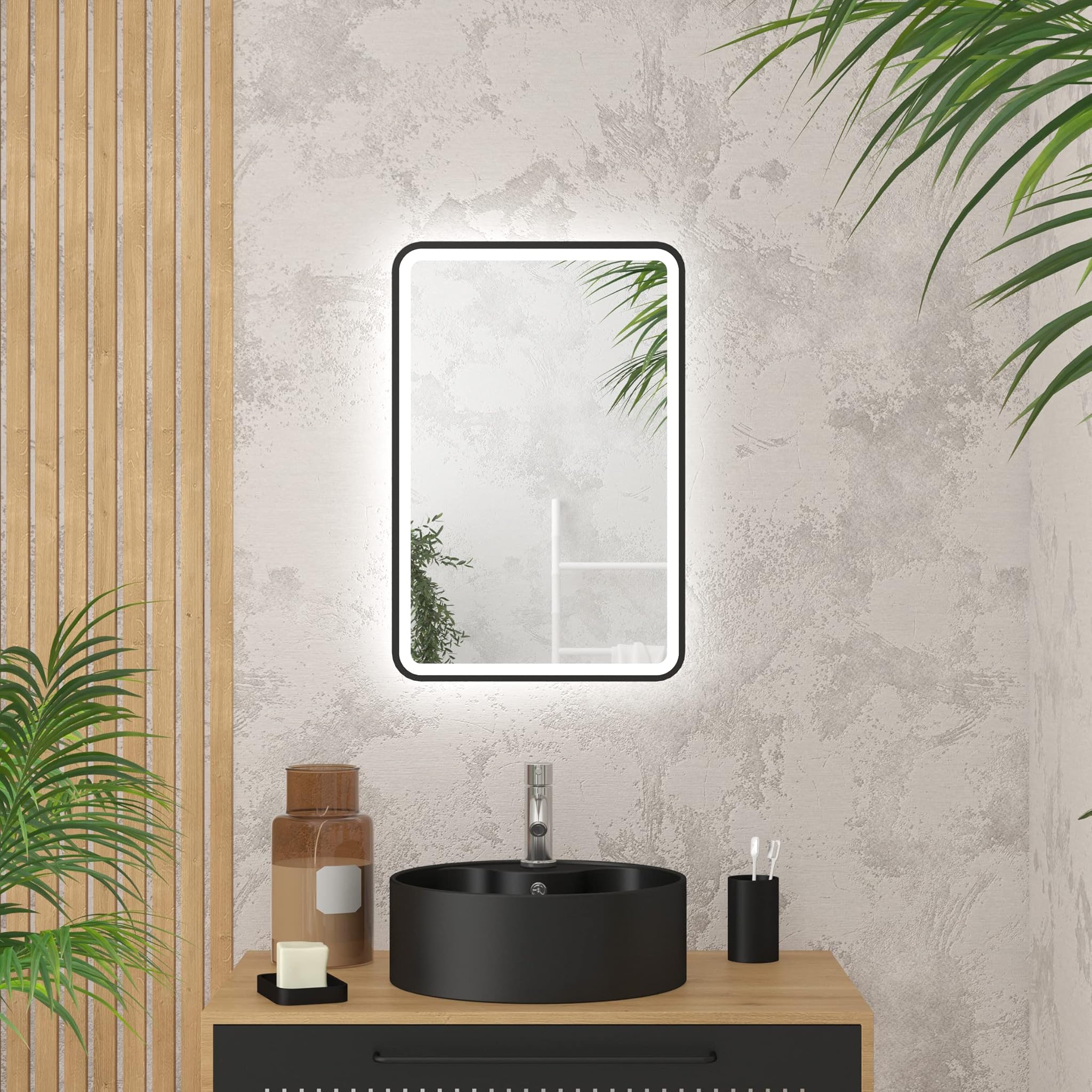 Aurlane Specchio LED da parete 60x40 cm Contorno Nero Luminoso Bagno