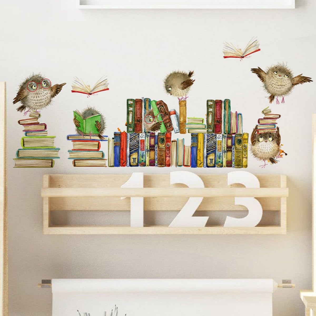 HGDESIGN® Graz Design - Adesivo da parete con gufo sul libro, per cameretta dei bambini, studio, soggiorno, camera da letto, bambino, ragazzo, ragazza, autoadesiva, decorazione da parete (B)