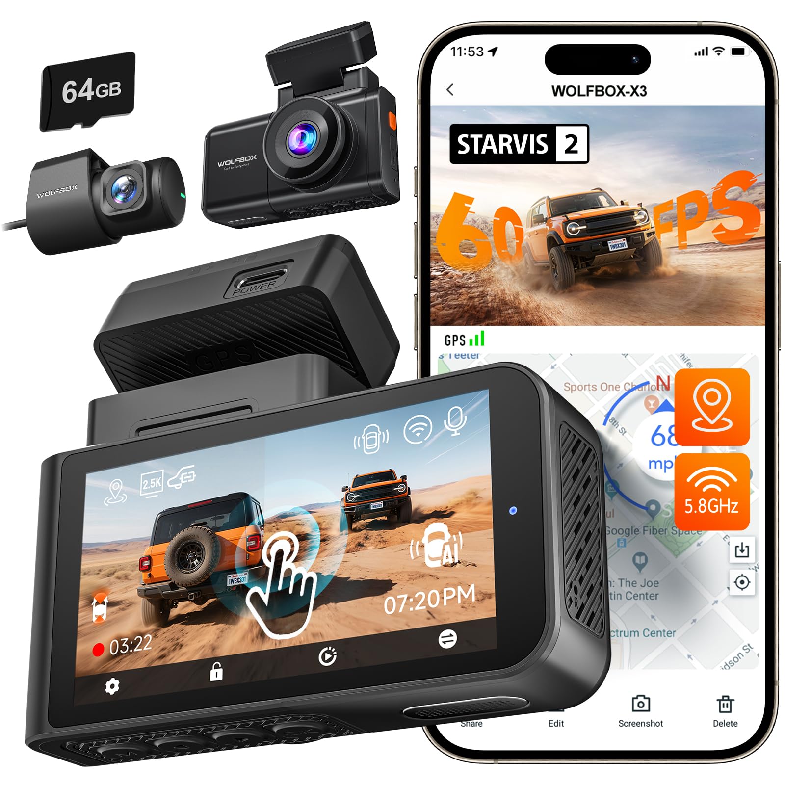 Wolfbox X3 Dashcam Auto 2,5K 60 FPS STARVIS 2 IMX675