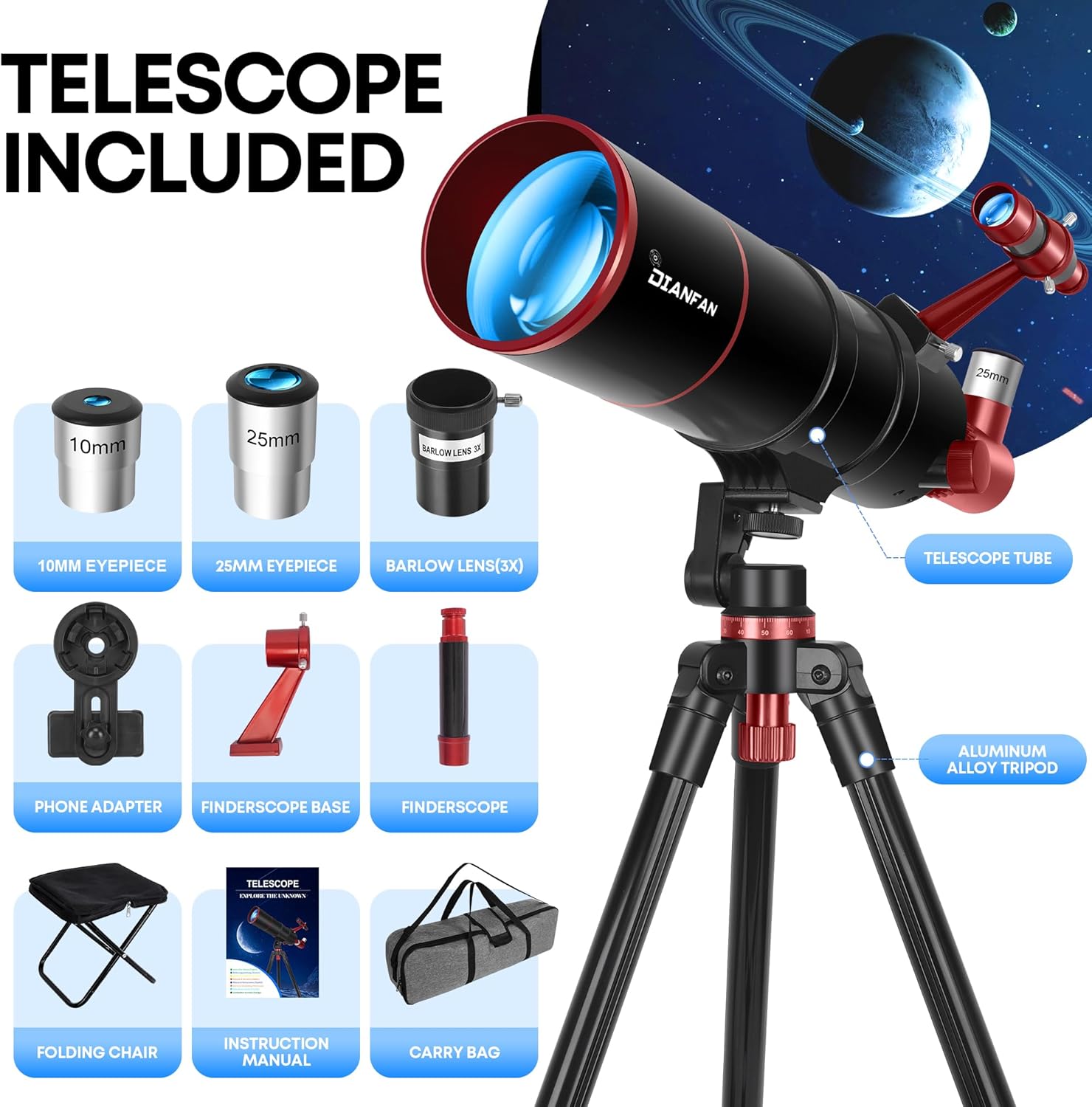 Dianfan Telescopio Astronomico 90/550 con Treppiede - immagine 5