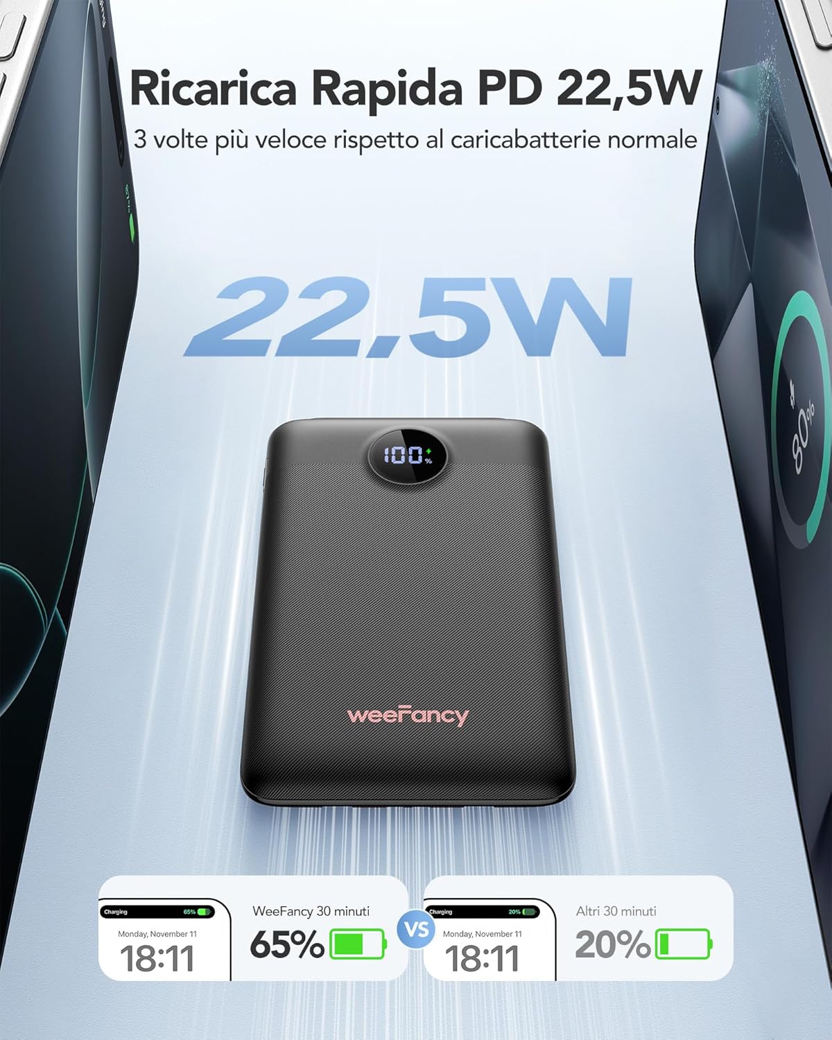 Weefancy Power Bank 10000mAh 22,5W con Cavi Integrati, Nero - immagine 3
