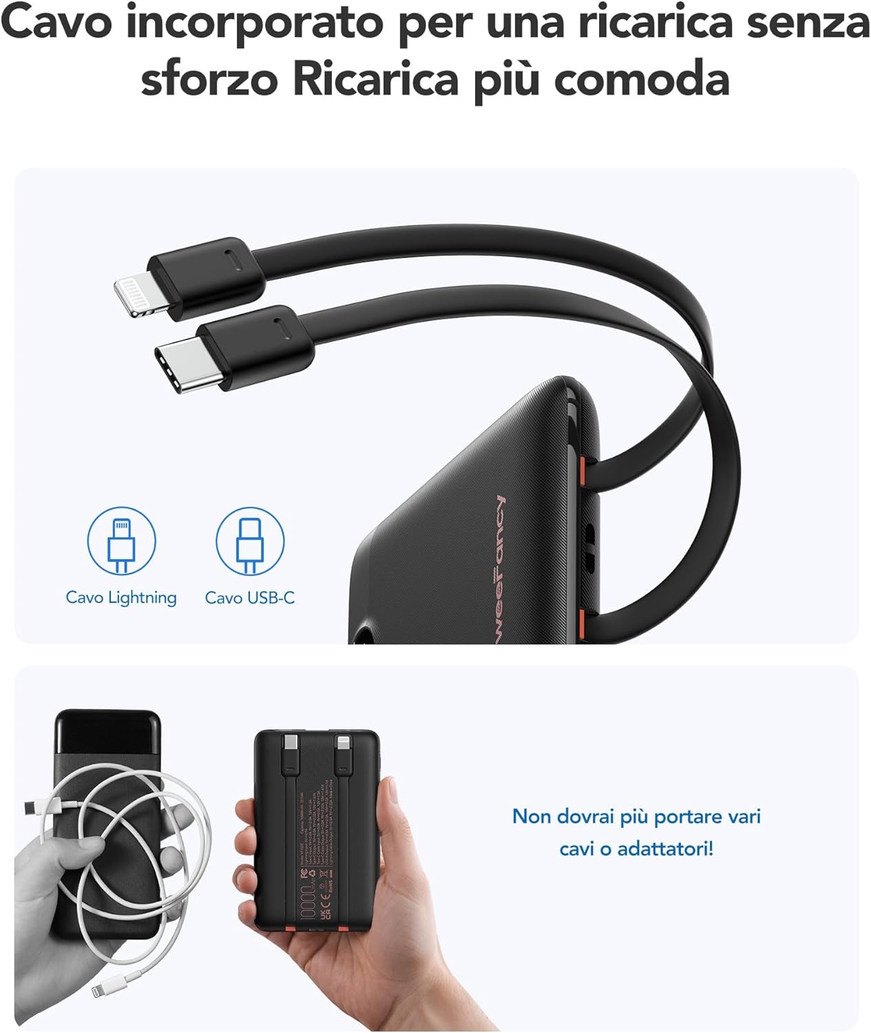 Weefancy Power Bank 10000mAh 22,5W con Cavi Integrati, Nero - immagine 6