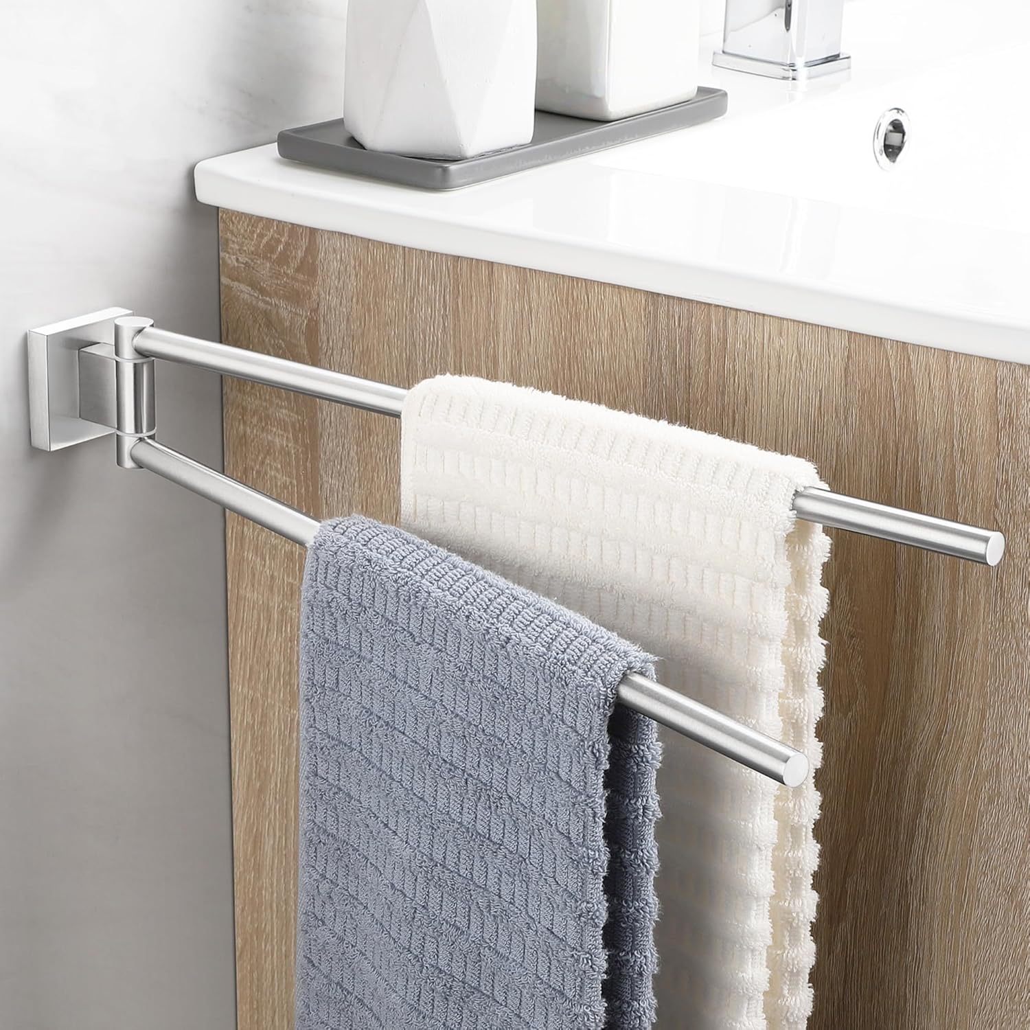 Oetams Porta Asciugamani Doppio Girevole 38 CM, Argento - immagine 1