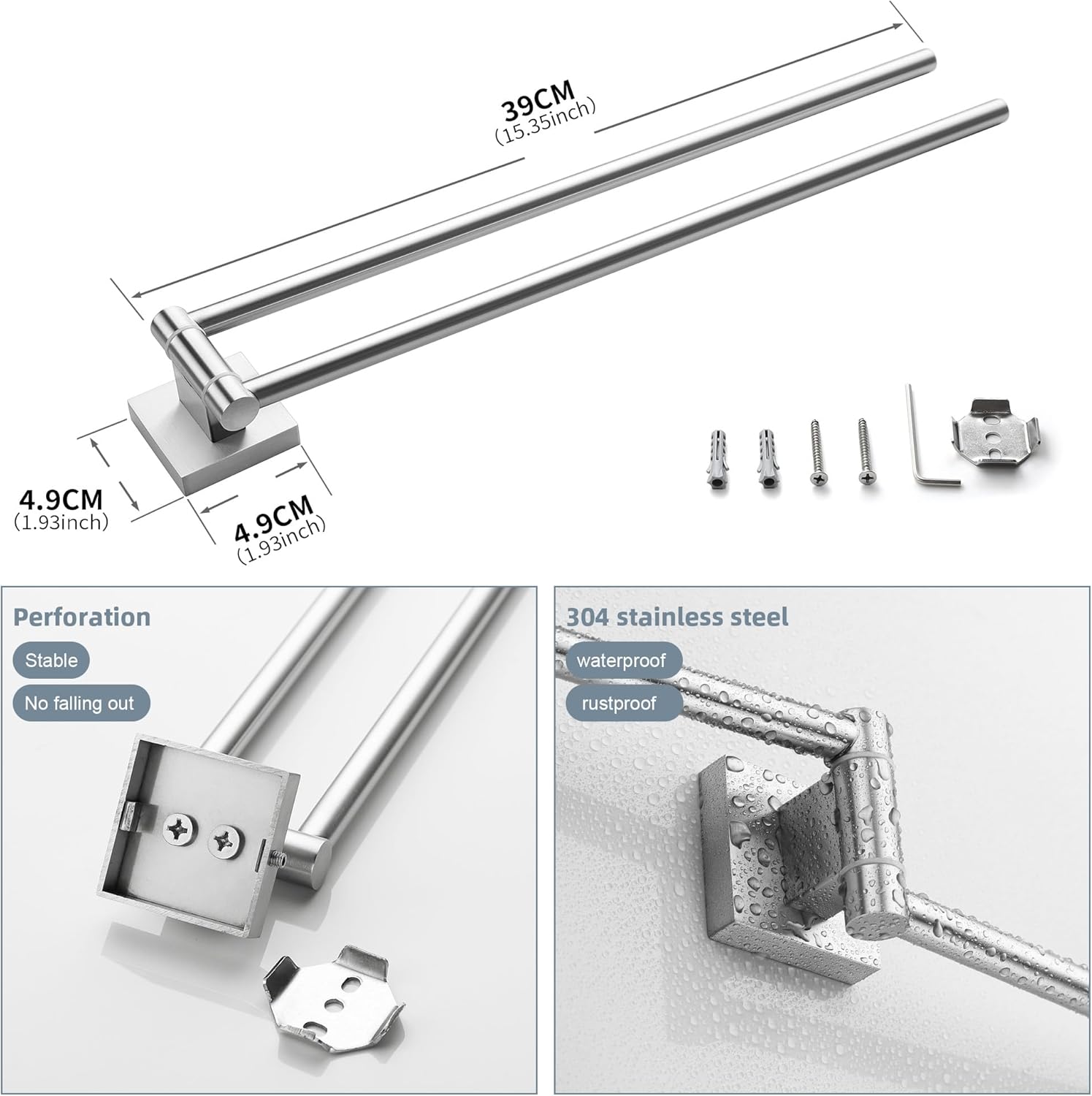 Oetams Porta Asciugamani Doppio Girevole 38 CM, Argento - immagine 6