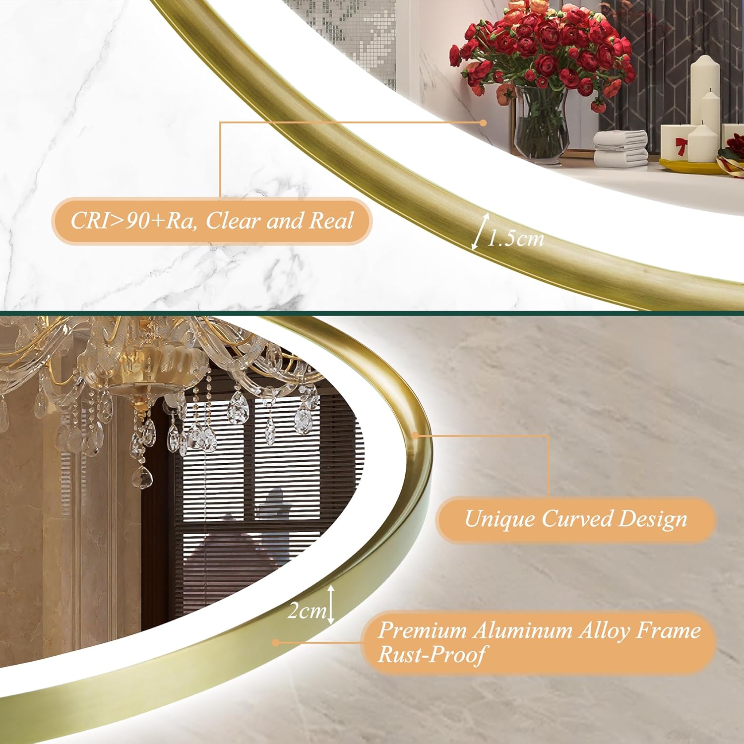 S'bagno Specchio Bagno con Luce Rotondo 60 cm, Dorato - immagine 2