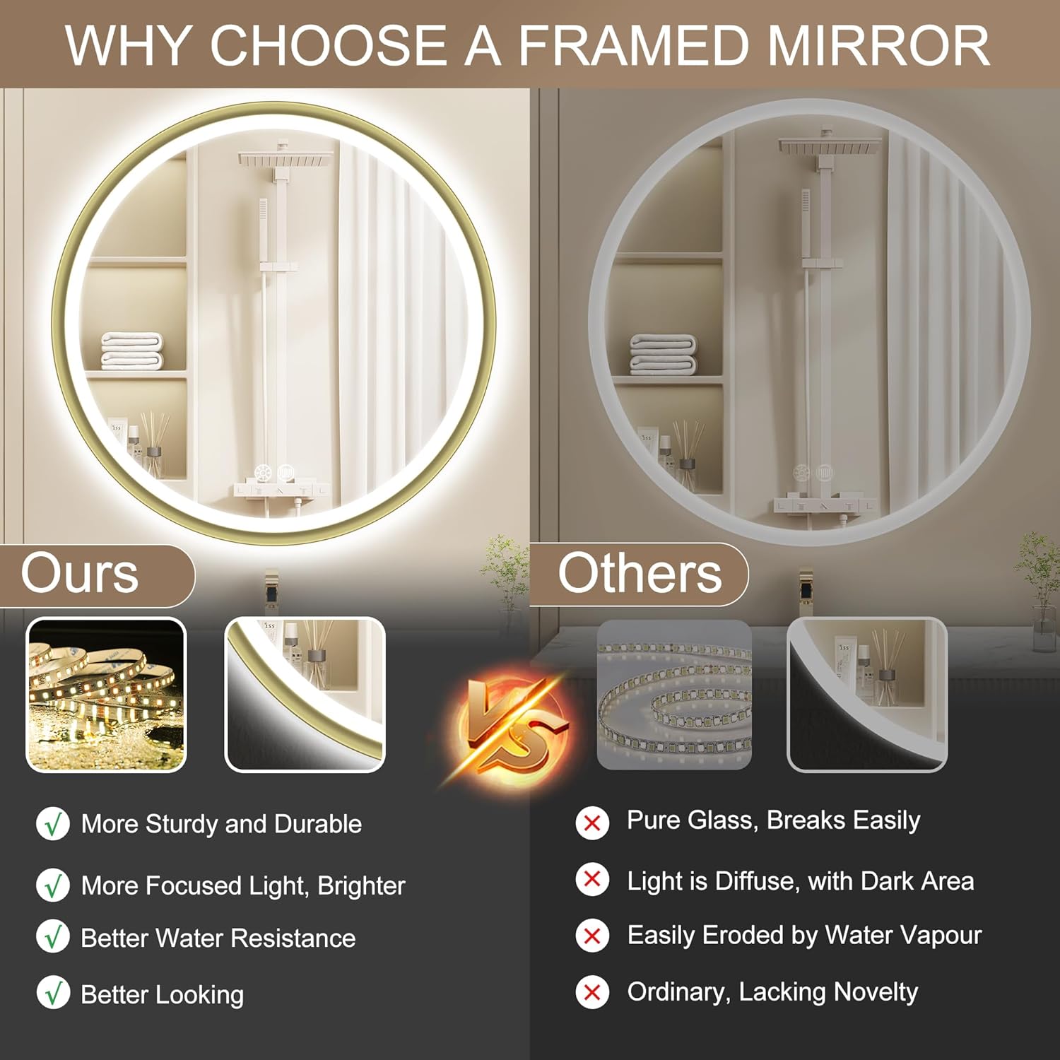 S'bagno Specchio Bagno con Luce Rotondo 60 cm, Dorato - immagine 4