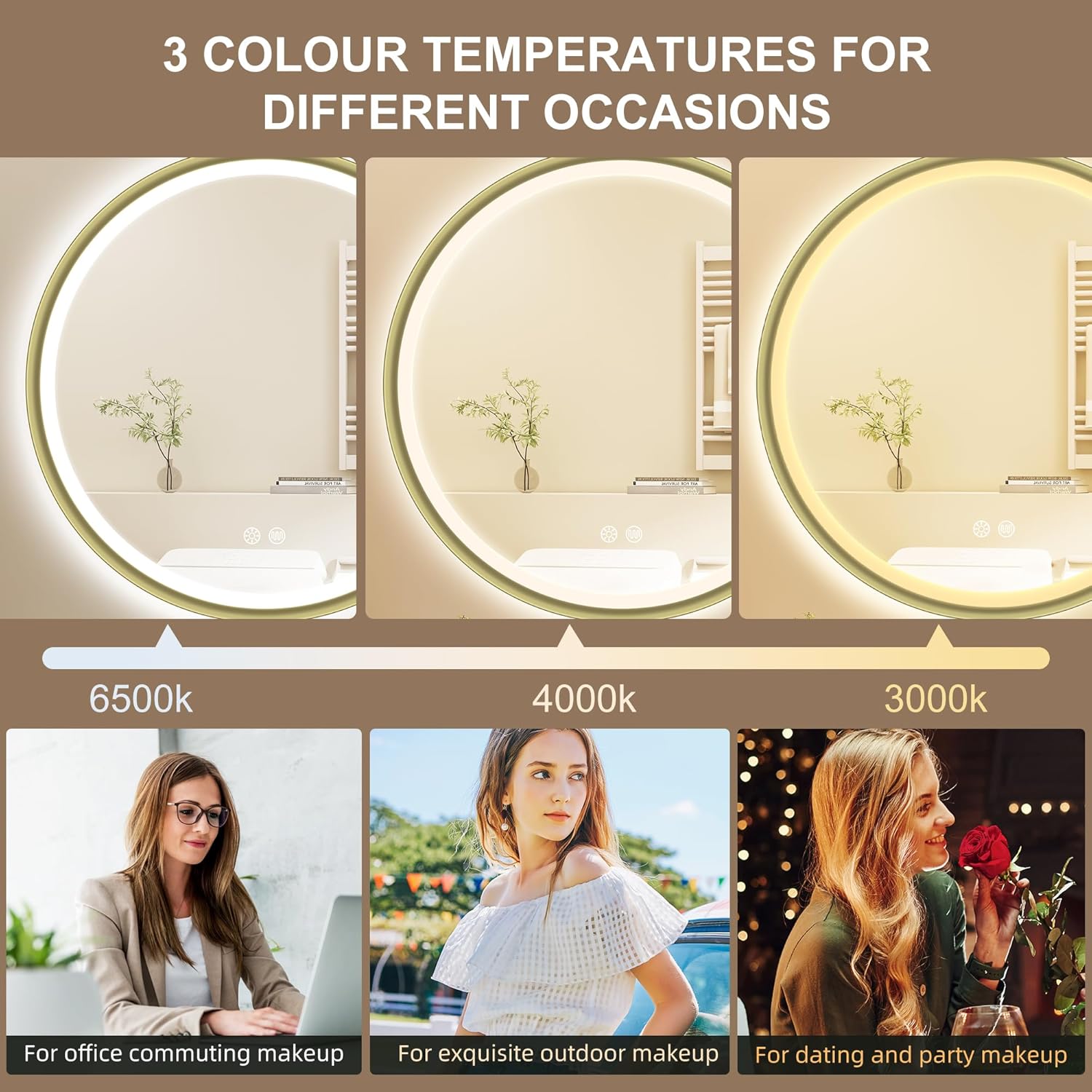 S'bagno Specchio Bagno con Luce Rotondo 60 cm, Dorato - immagine 5