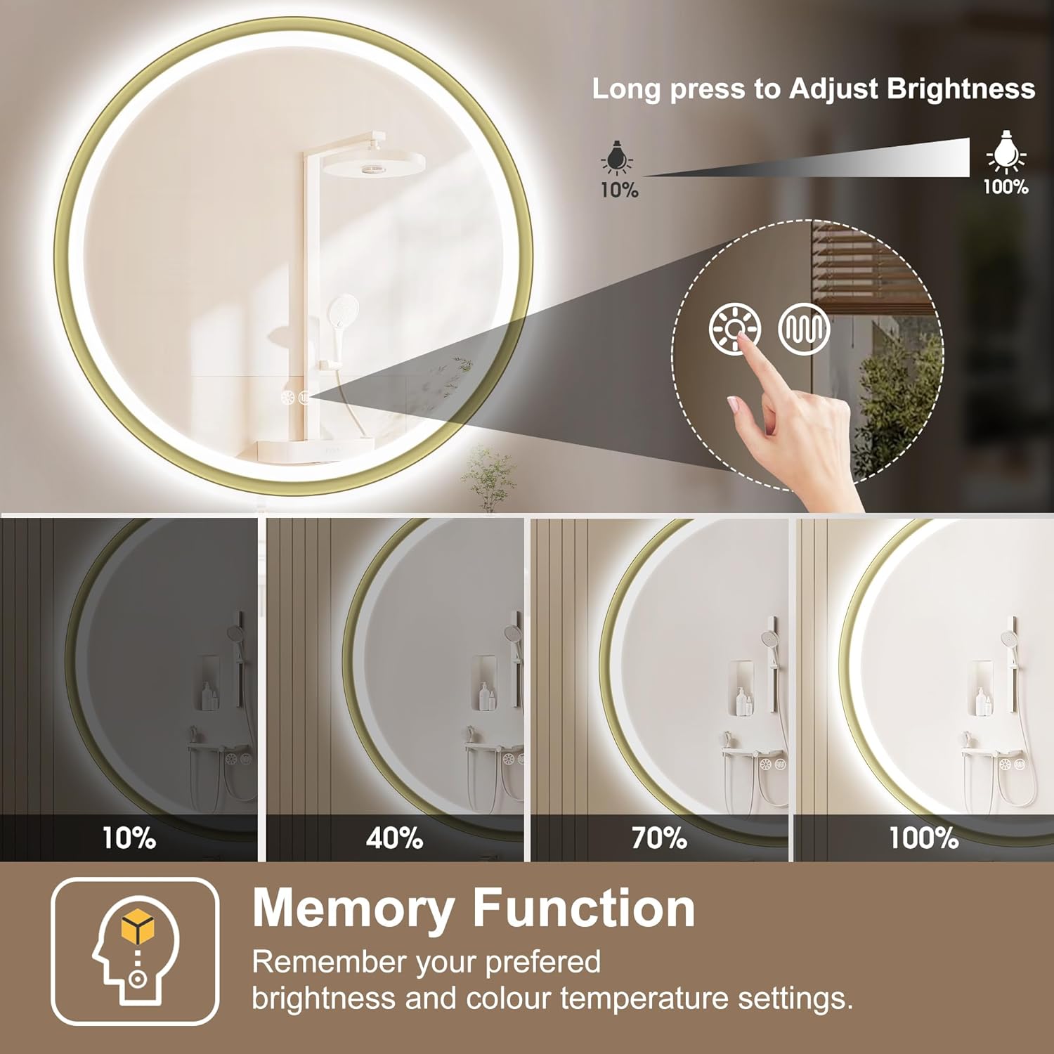 S'bagno Specchio Bagno con Luce Rotondo 60 cm, Dorato - immagine 6