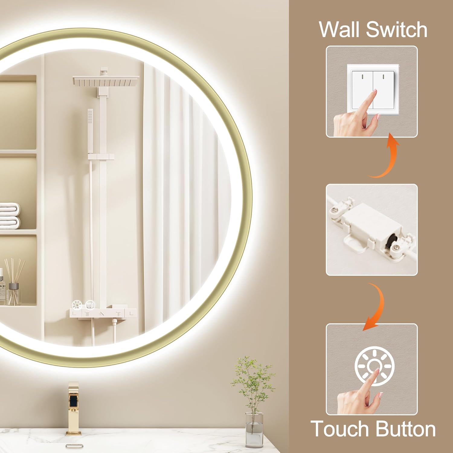 S'bagno Specchio Bagno con Luce Rotondo 60 cm, Dorato - immagine 8