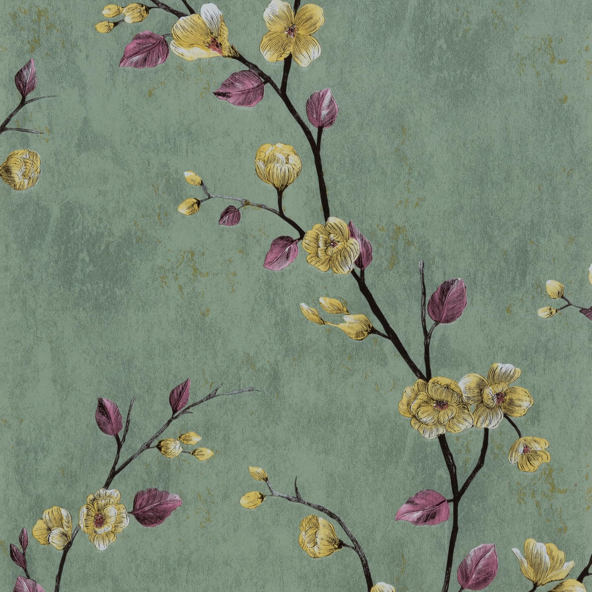 Hode Carta da Parati Adesiva Muro Verde Floreale Vintage