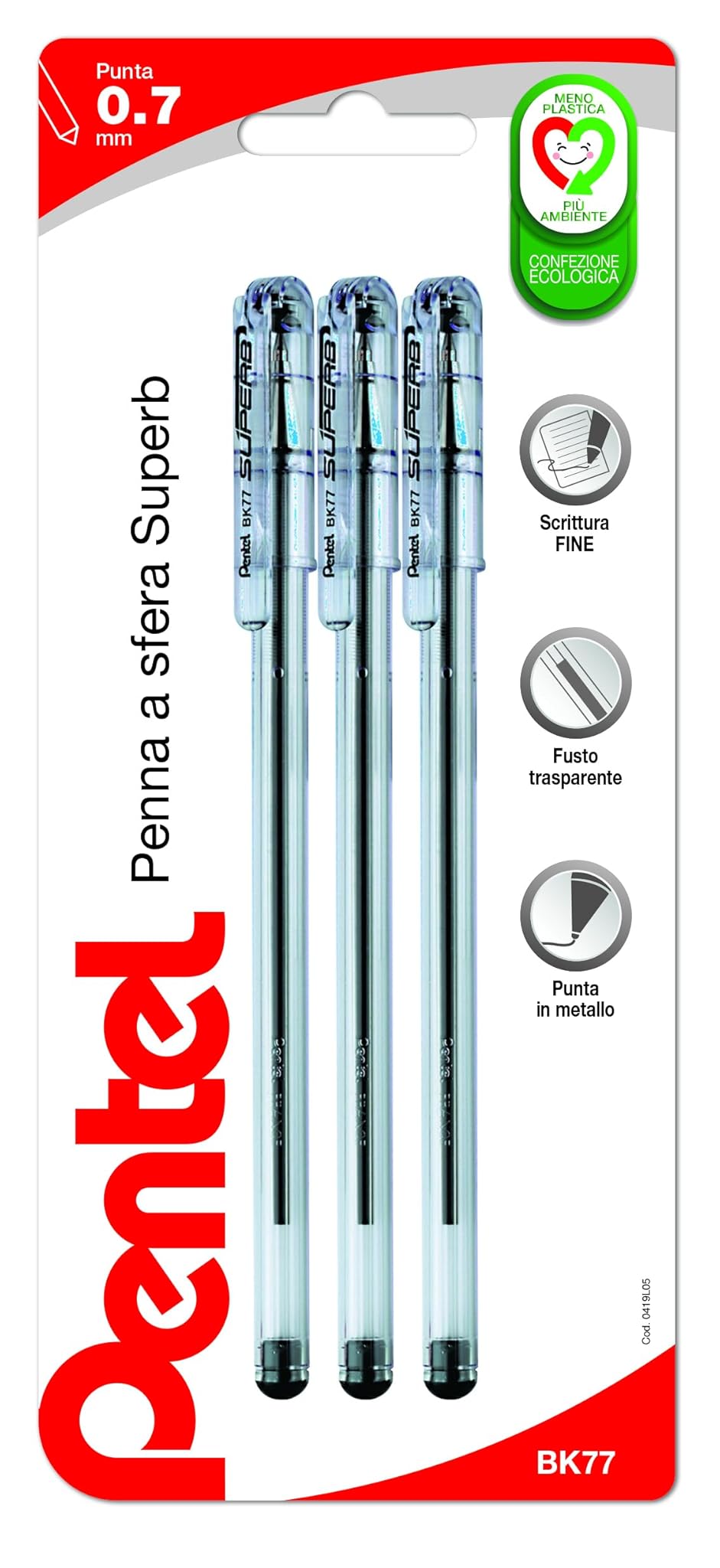 Pentel BK77 Superb penna a sfera punta fine 0,7 mm nero, 3 pezzi