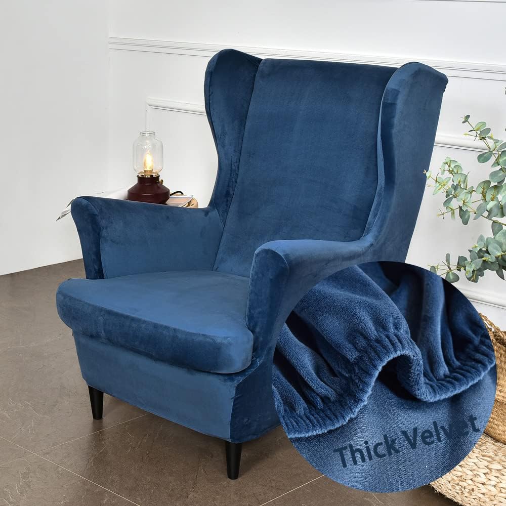 Highdi Velvet Copripoltrona con Orecchie Elasticizzato, Blu Navy
