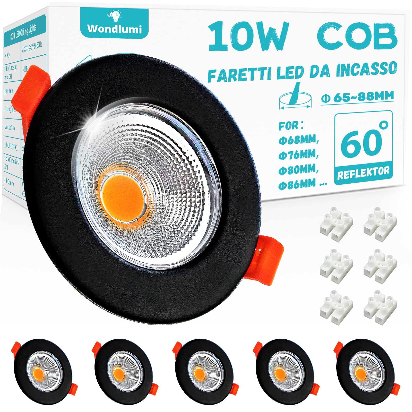 Wondlumi 6x Faretti LED da Incasso Neri 10W