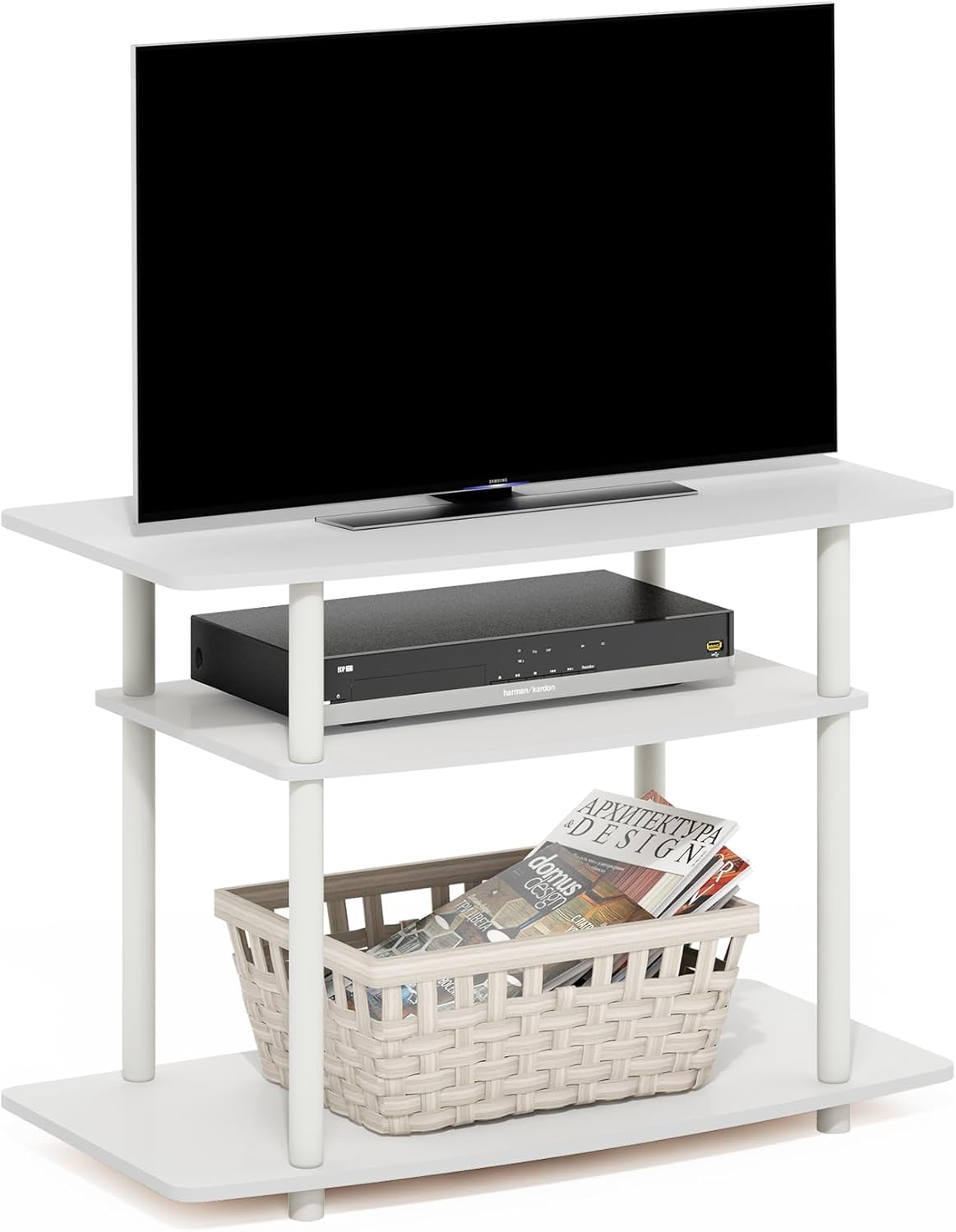 Furinno Turn-N-Tube Supporti TV a 3 livelli senza attrezzi, Bianco/Bianco
