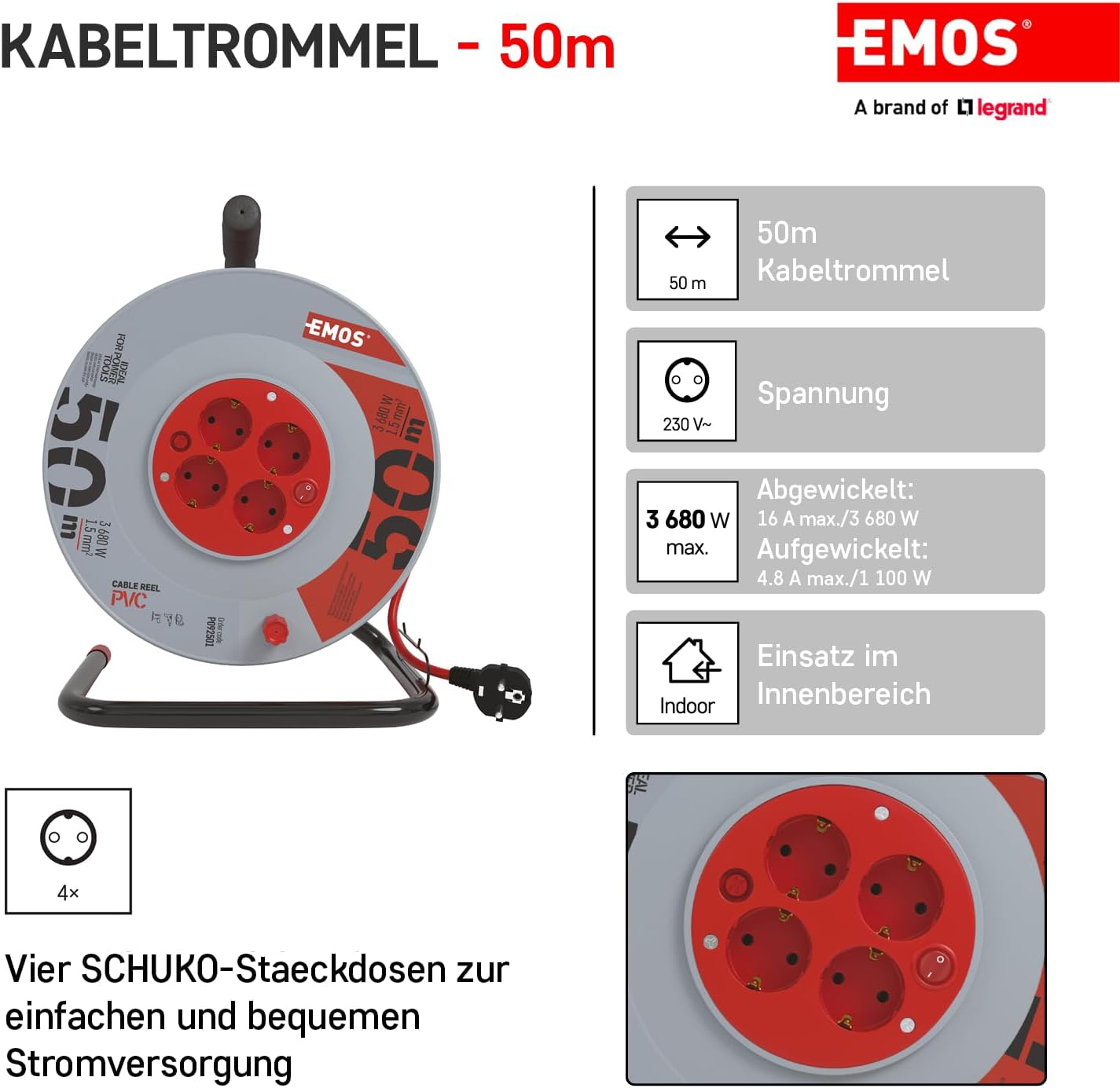 Emos - Avvolgicavo 50m con Interruttore e 4 Prese - immagine 2