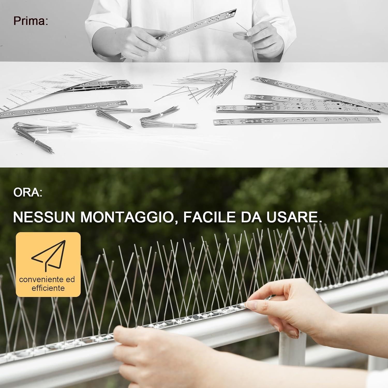 "OFFO Punte per Uccelli preassemblate per tetti e finestre, Punte per piccioni durevoli per Anti Corvi, gabbiani e Piccoli Uccelli, Set di Punte deterrenti per Uccelli Copertura 5,2 m, Argento brilla - immagine 6