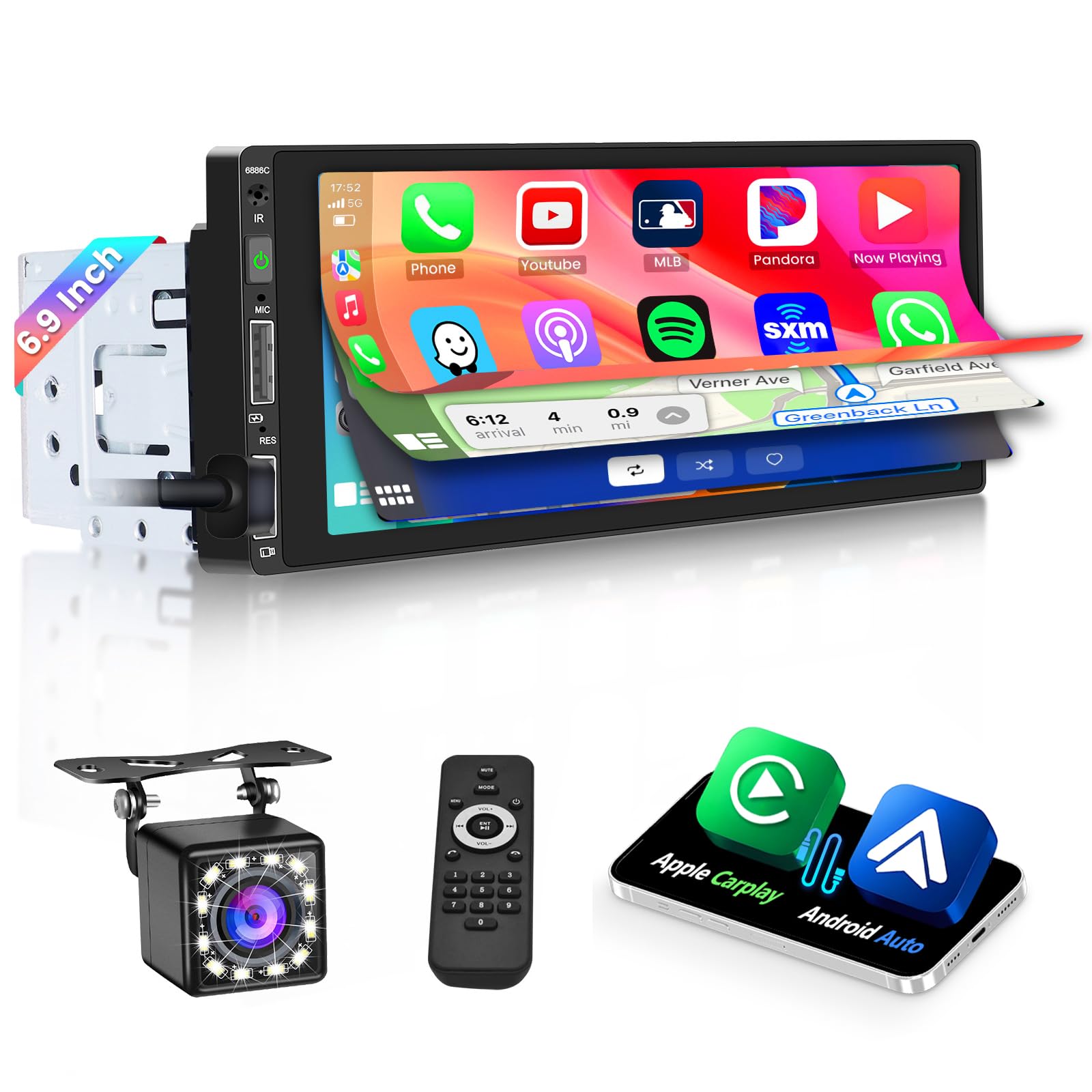 Hikity Autoradio 1 Din Carplay Android Auto 6,86" Touchscreen