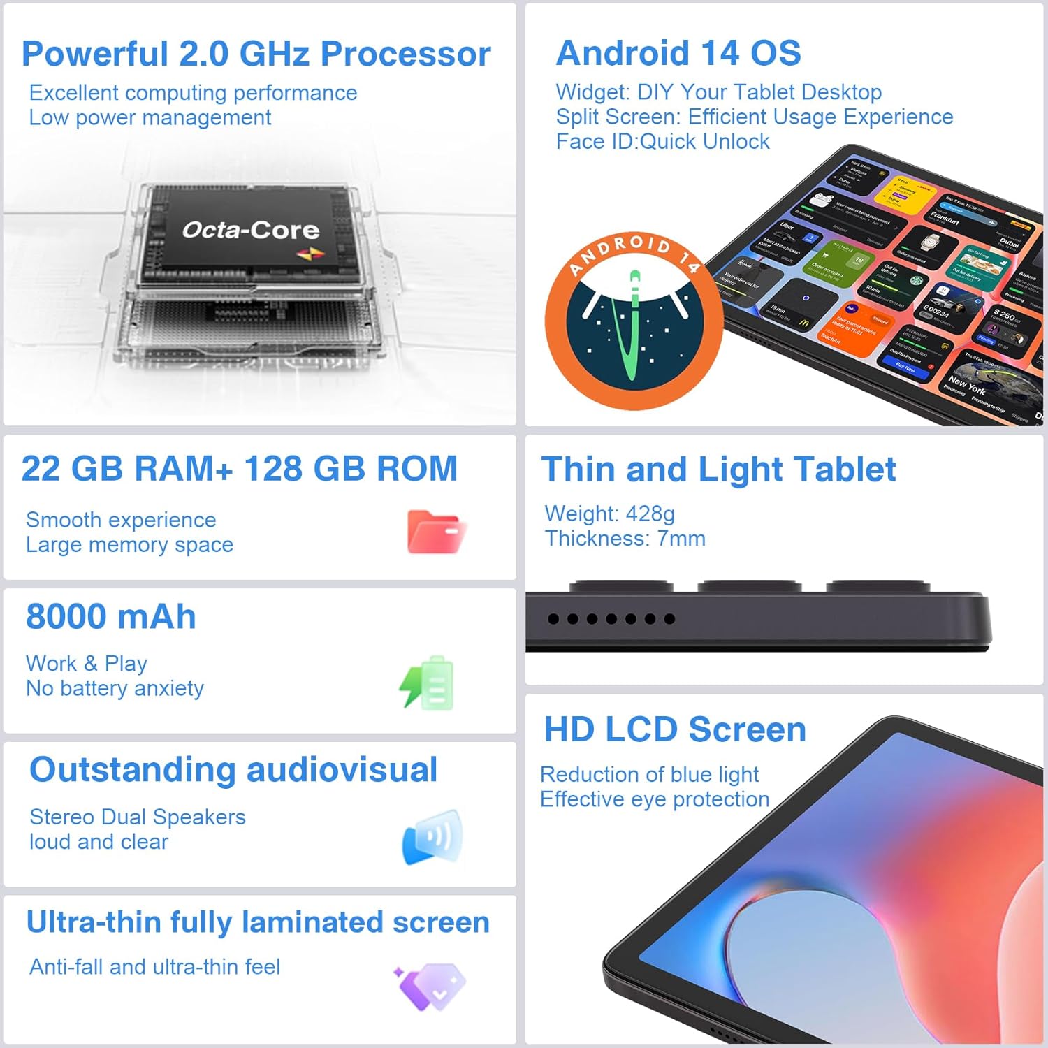 Dmoao Tablet Android 14 22GB RAM+128GB ROM (Marrone) - immagine 2