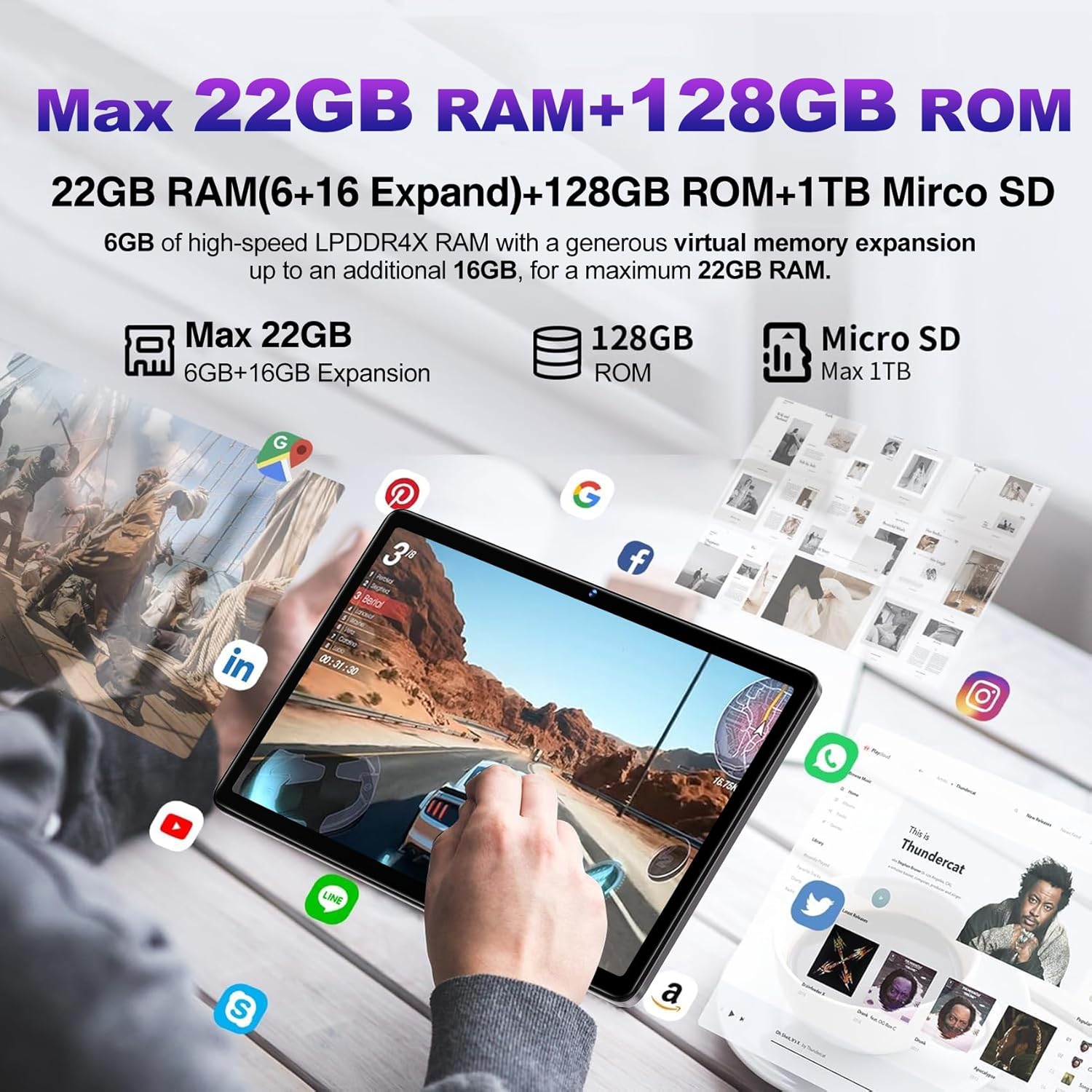 Dmoao Tablet Android 14 22GB RAM+128GB ROM (Marrone) - immagine 4