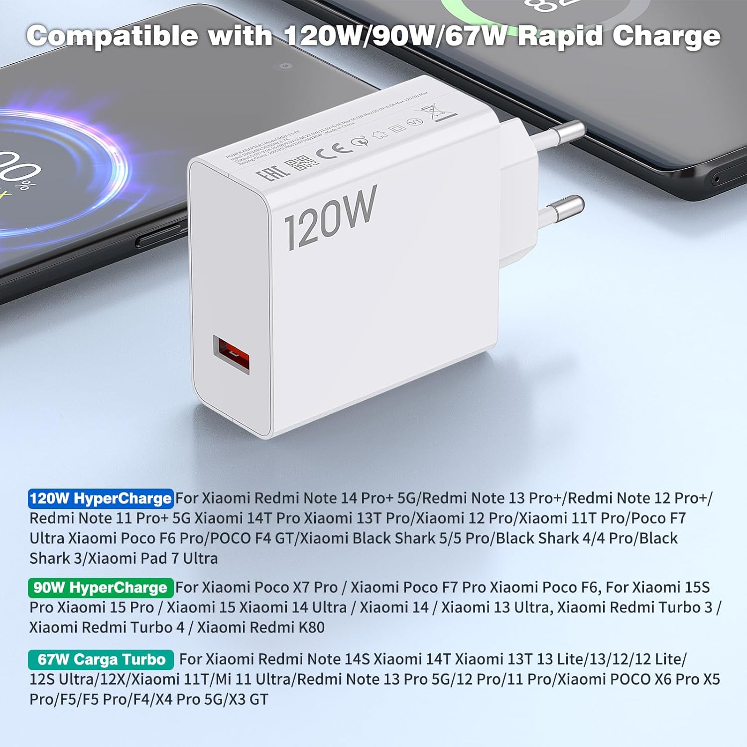 Caricatore USB 120W HyperCharge per Xiaomi Redmi Note 14 Pro+ - immagine 2