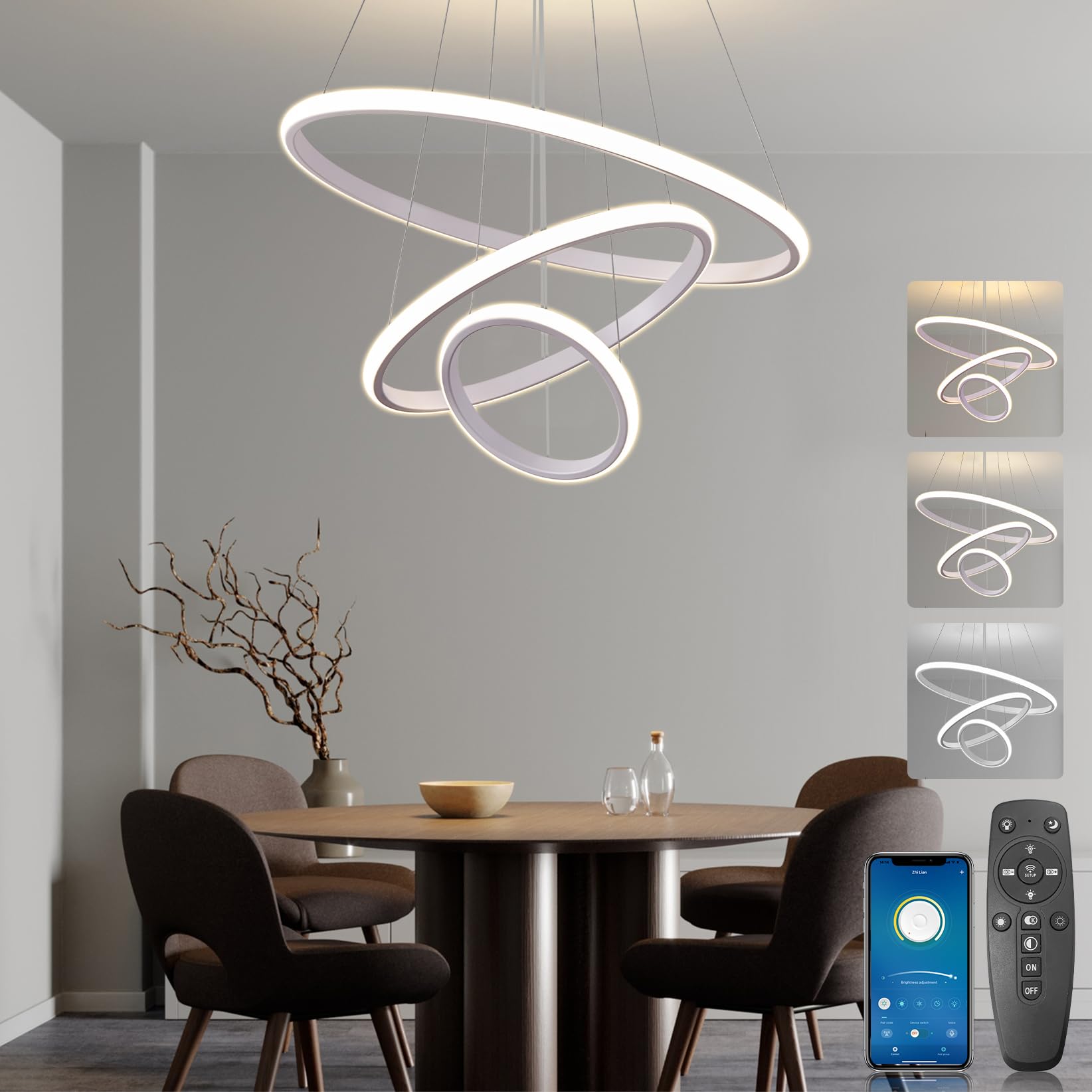Brimeti Lampadario Sospensione LED 3 Luci 45W, Bianco
