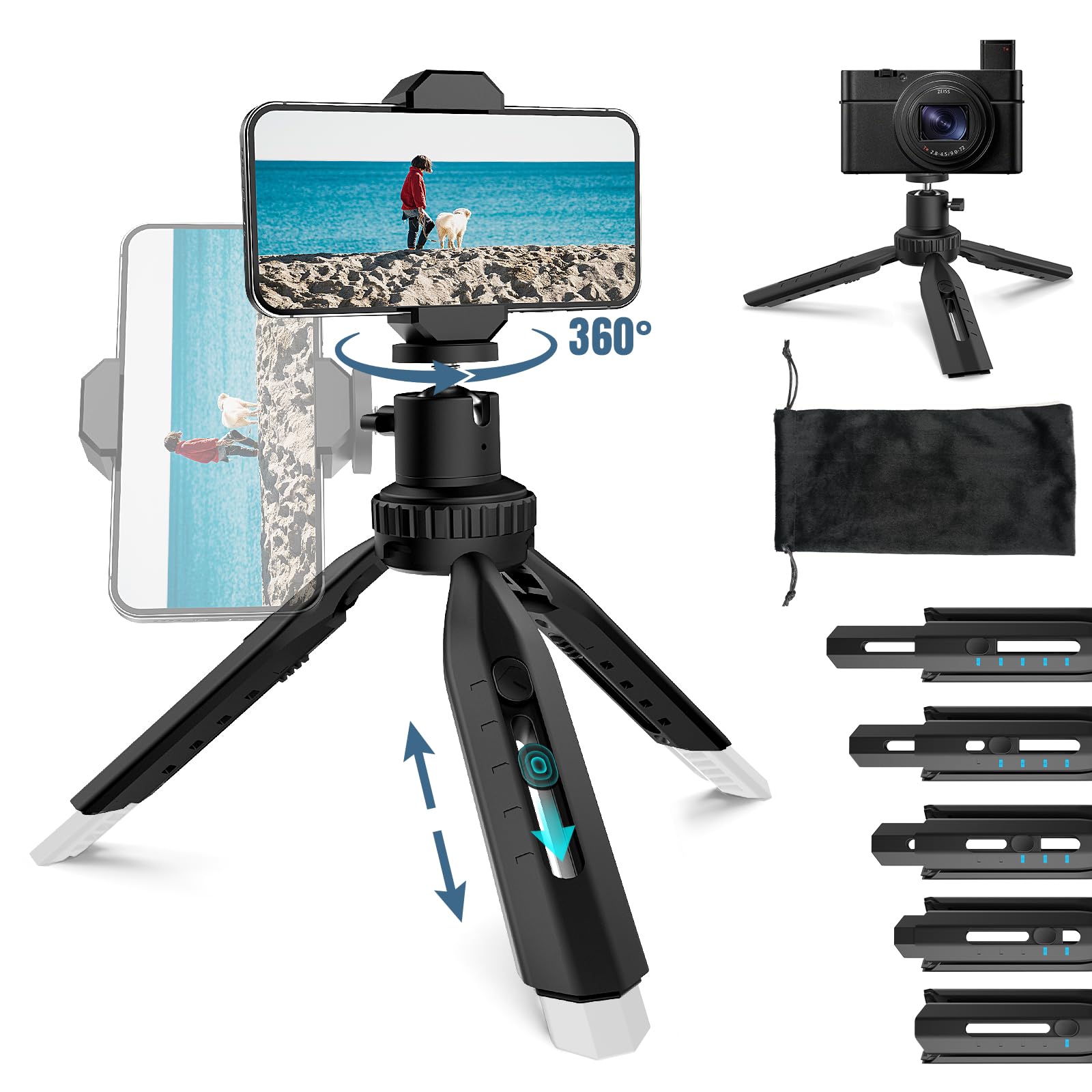 RealPlus Treppiede Smartphone, Cavalletto Stabilizzatore, Mini Tripod Fotocamera, 360° Rotabile, Retrattile, Super Stabile
