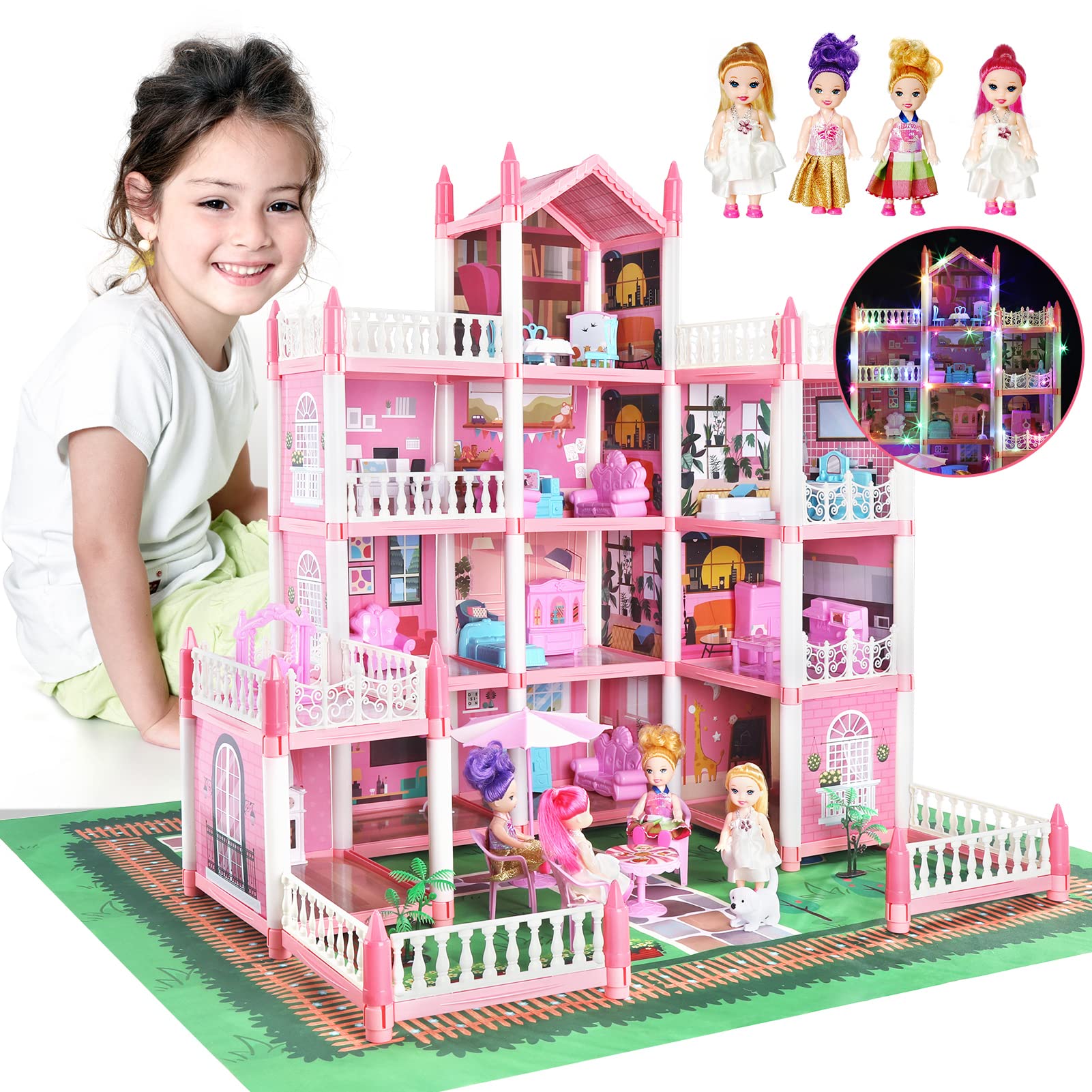 Casa delle Bambole, Giocattoli Bambina 3 Anni 4 Anni,Casa dei sogni con bambola e luci,Princess Regalo per Bambini 3-10 Anni