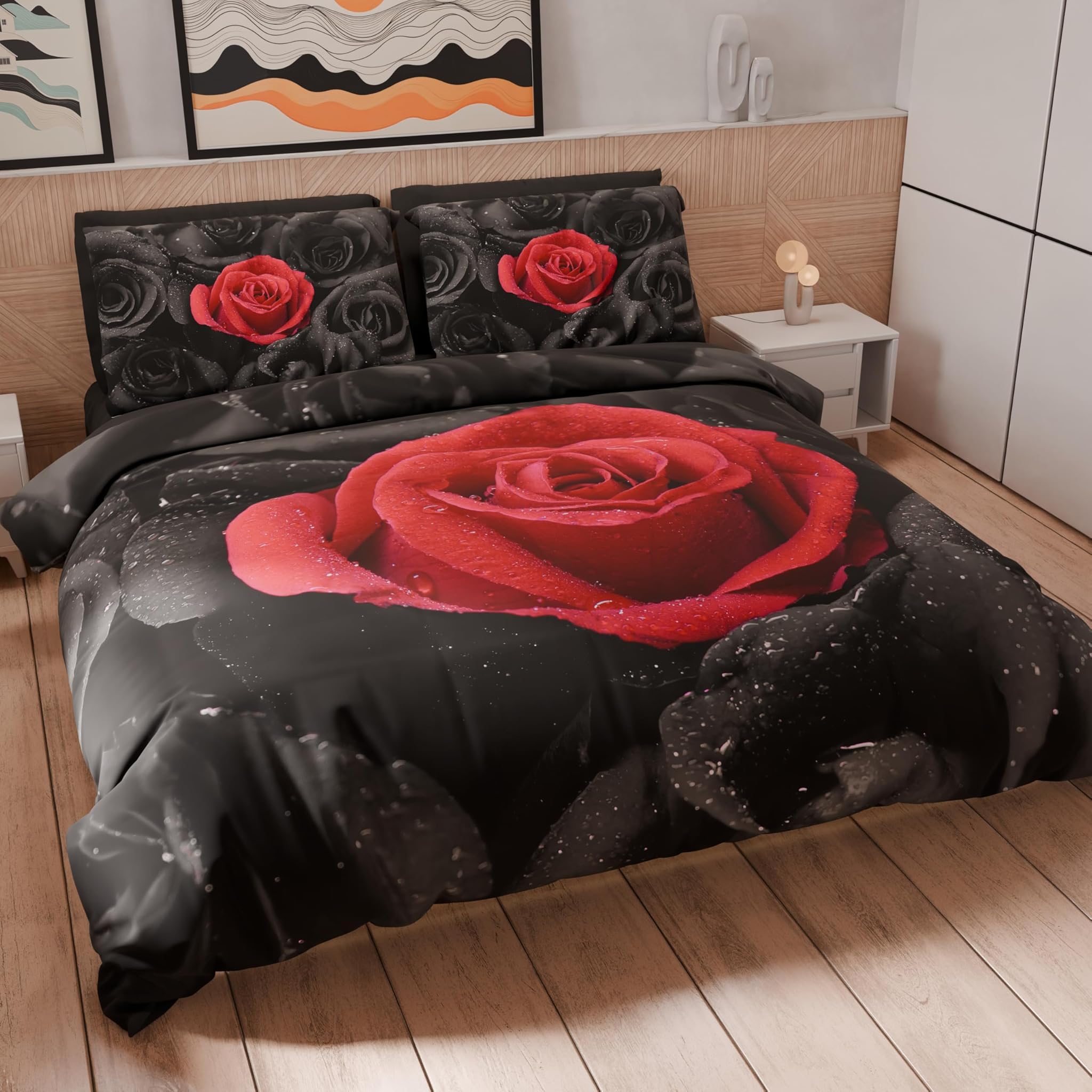 Petti Artigiani Italiani - Set Copripiumino Matrimoniale Black Roses