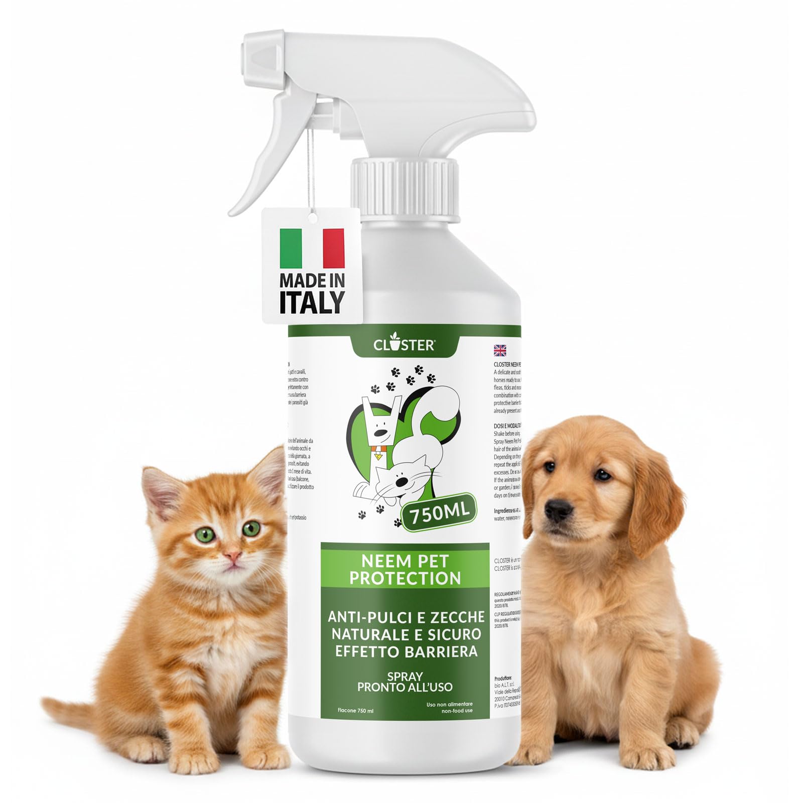 CLOSTER Neem Pet Protection 750 ML Antiparassitario Cani e Gatti - Olio di Neem Spray Pronto all’Uso - Repellente Zanzare Insetti Antipulci Contro Zecche Pulci Mosche Acari Pidocchi