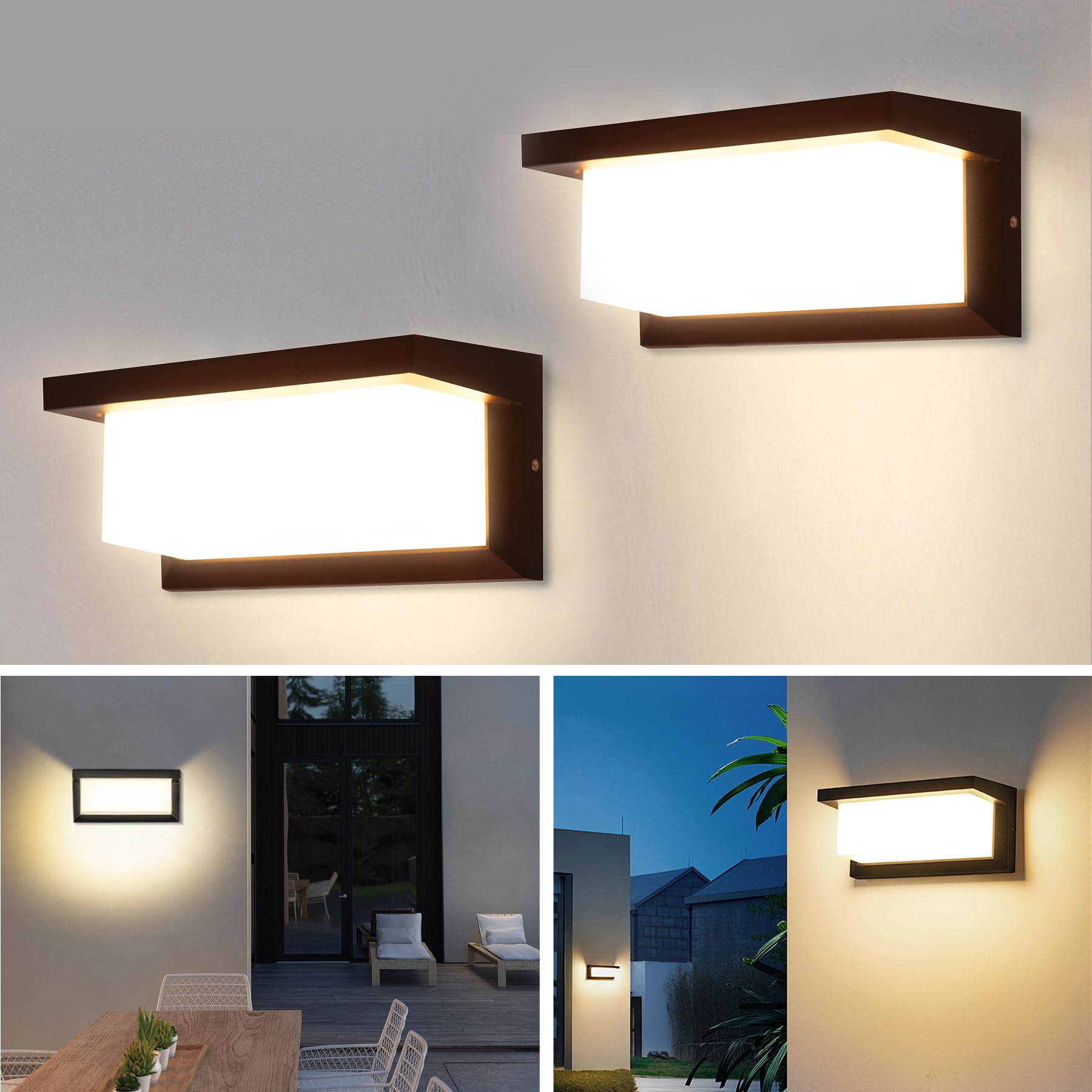 Lampada da parete a LED da 18 W, IP65, impermeabile, luce bianca calda, 3000 K, in alluminio, rettangolare, per esterni, per giardino, anteriore, bagno, veranda, garage