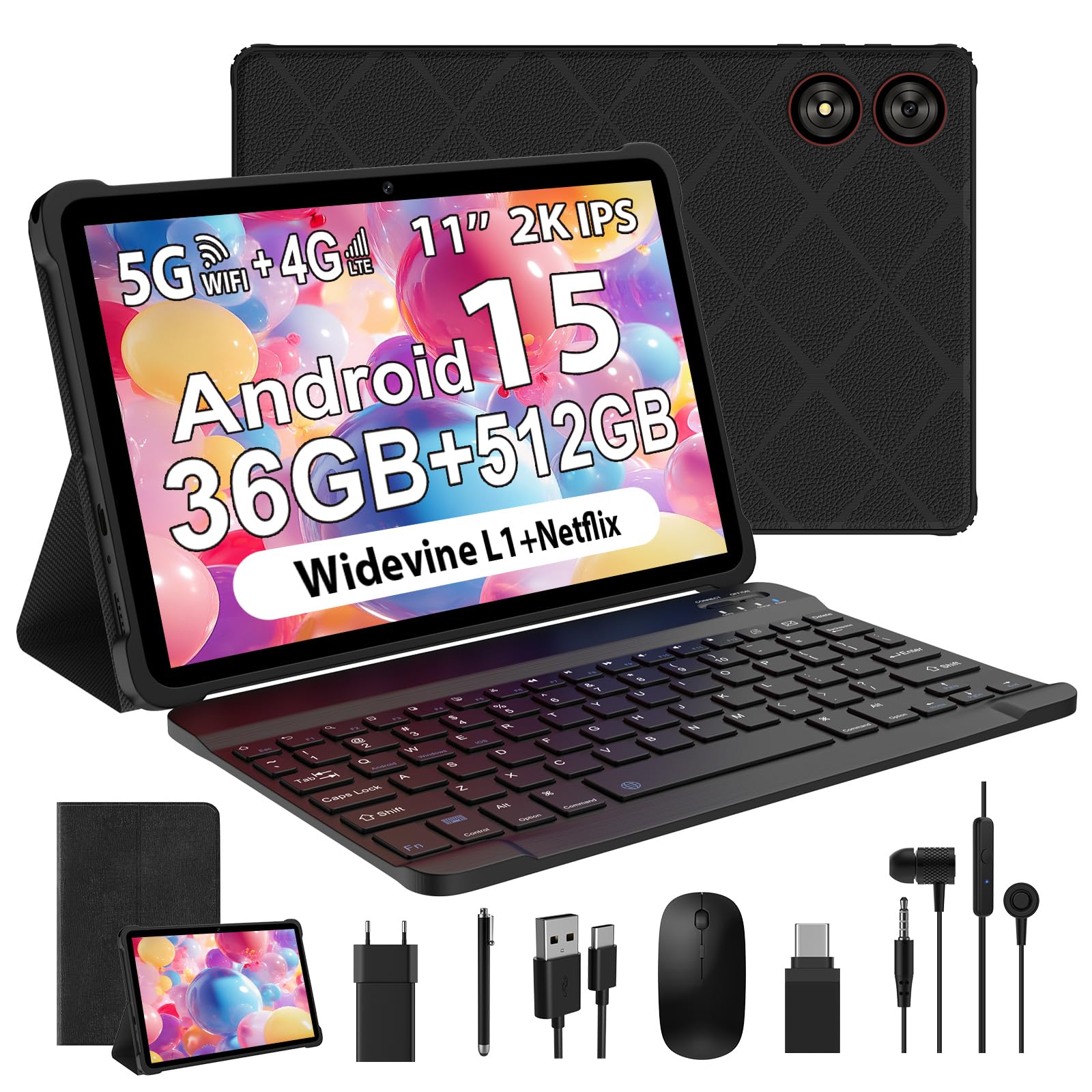 Tablet Android 15 da 11 Pollici 36GB RAM+512GB ROM, Nero
