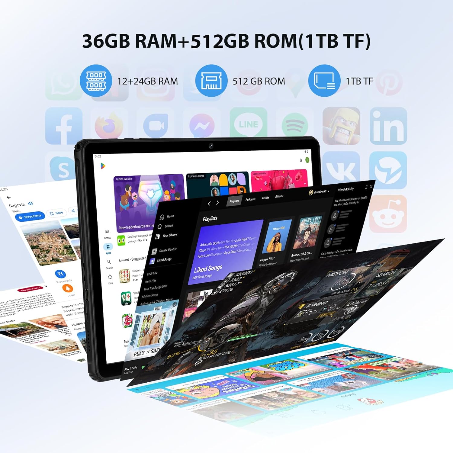 Tablet Android 15 da 11 Pollici 36GB RAM+512GB ROM, Nero - immagine 3