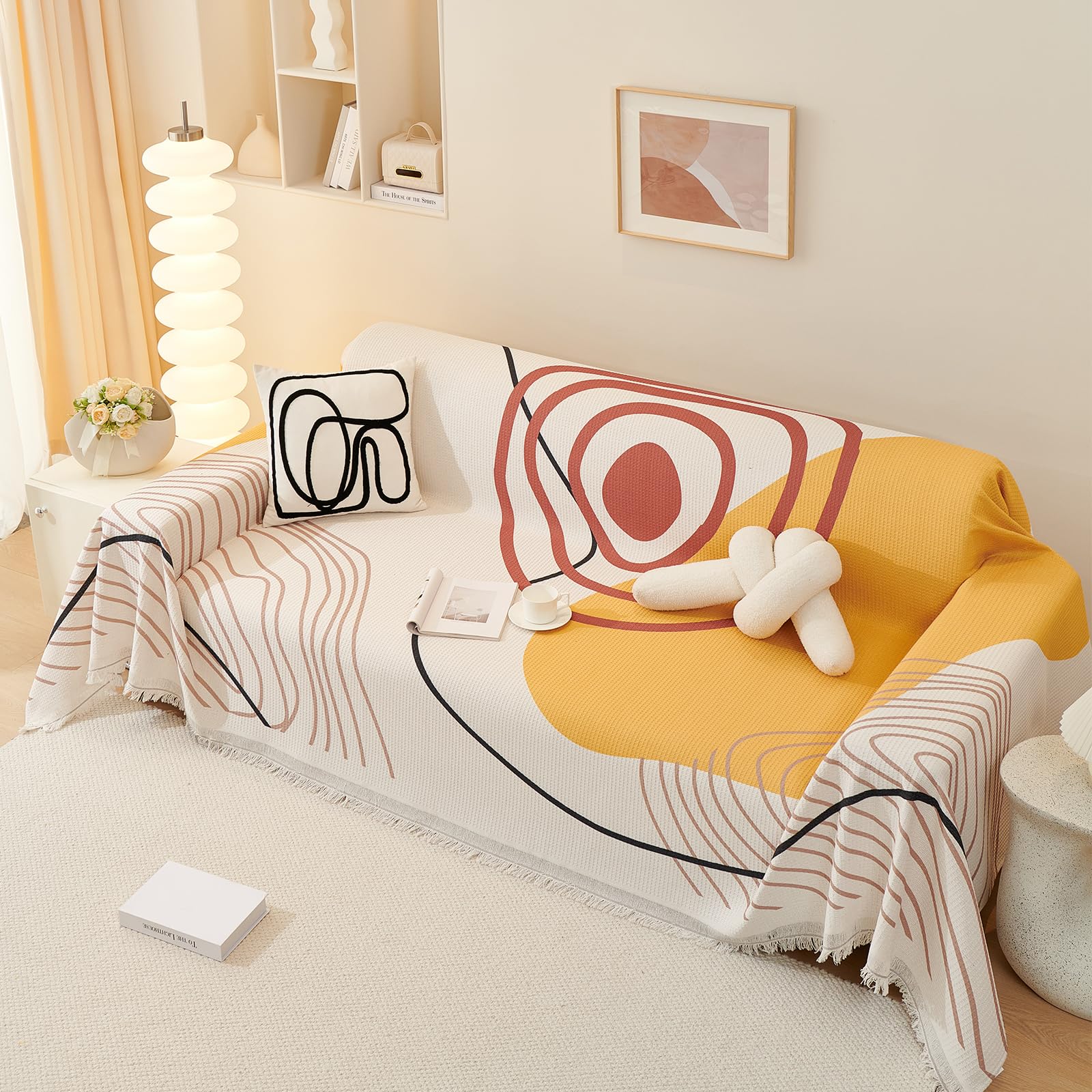 VanderHOME Copridivano Super Soffice, Telo Copridivano 3 Posti, Telo Arredo Copridivano, Plaid divano Decorativa a Motivo Artistico con Frangia per Divano/Letto/Esterno 180 * 260cm-Alba