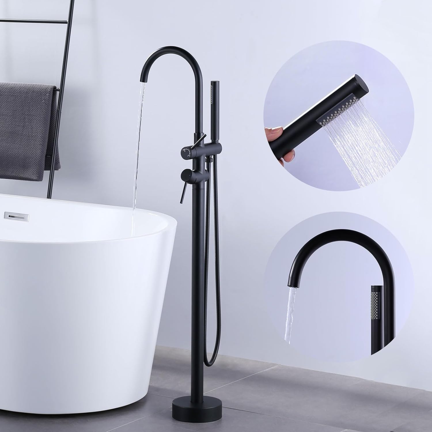 ARCORA Rubinetto per vasca da bagno indipendente, nero, in rame, in acciaio inox, girevole a 360°, montaggio a pavimento con doccetta per vasca, vasca da bagno indipendente