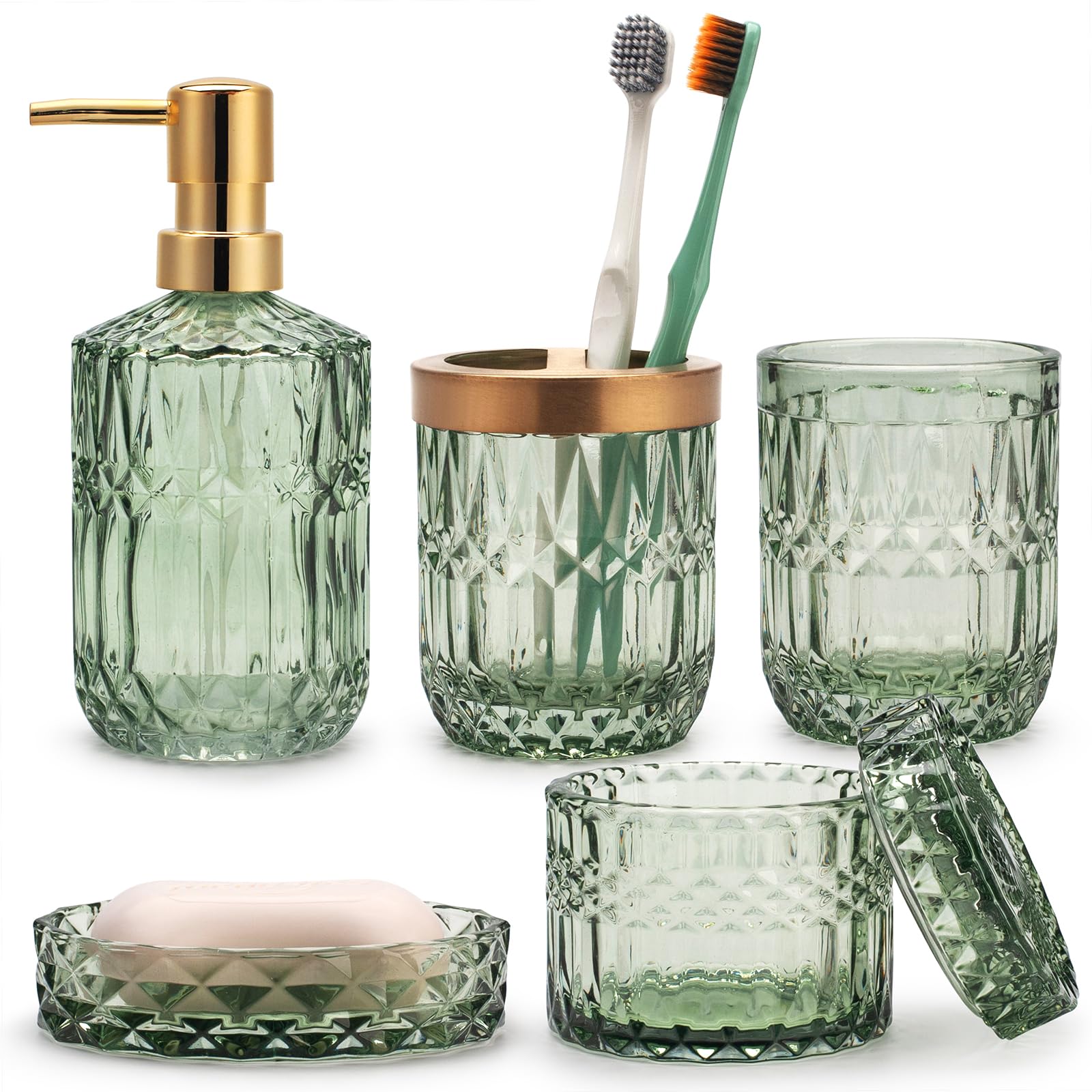 Ivailex Set 5 Accessori Bagno in Vetro Verde