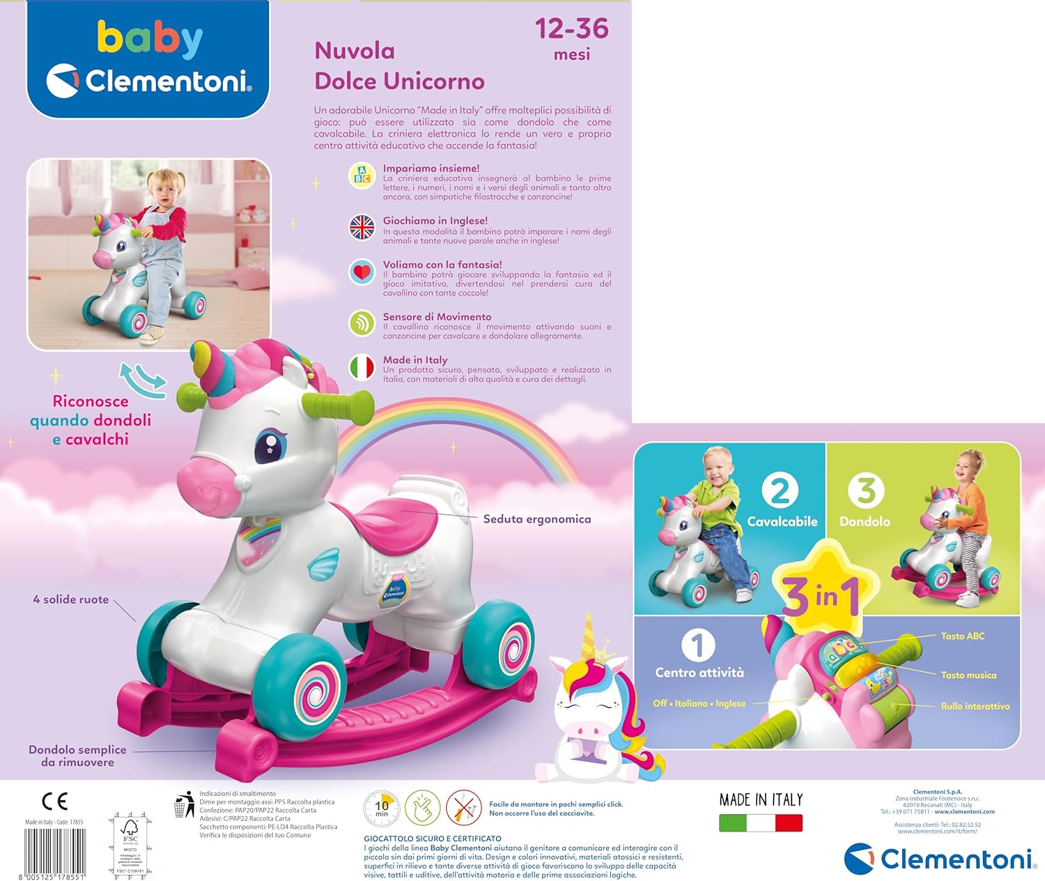 Baby Clementoni Nuvola Dolce Unicorno - Ride On 3 in 1 - immagine 3