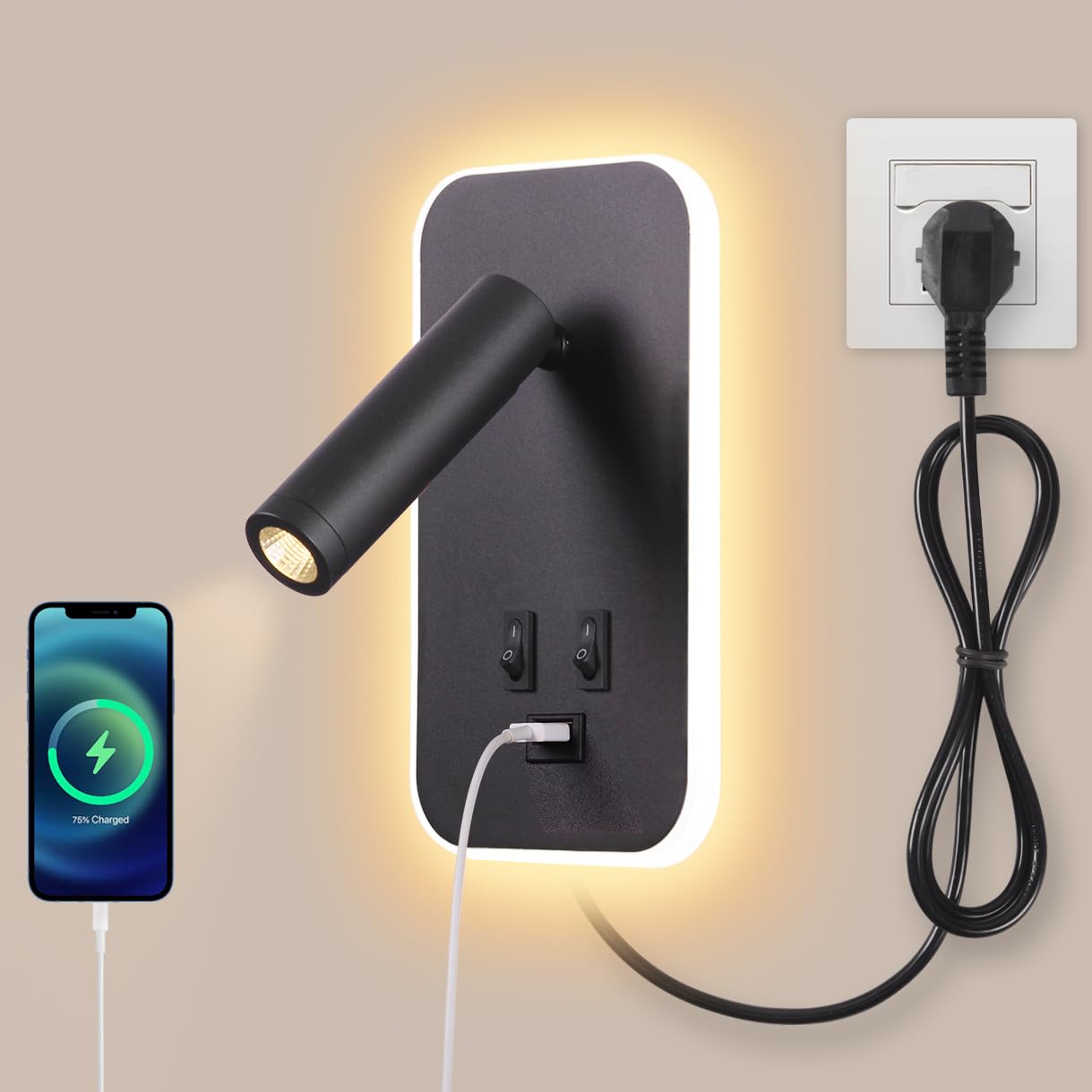 Awekliy Lampada da Parete LED con Ricarica USB, Nera