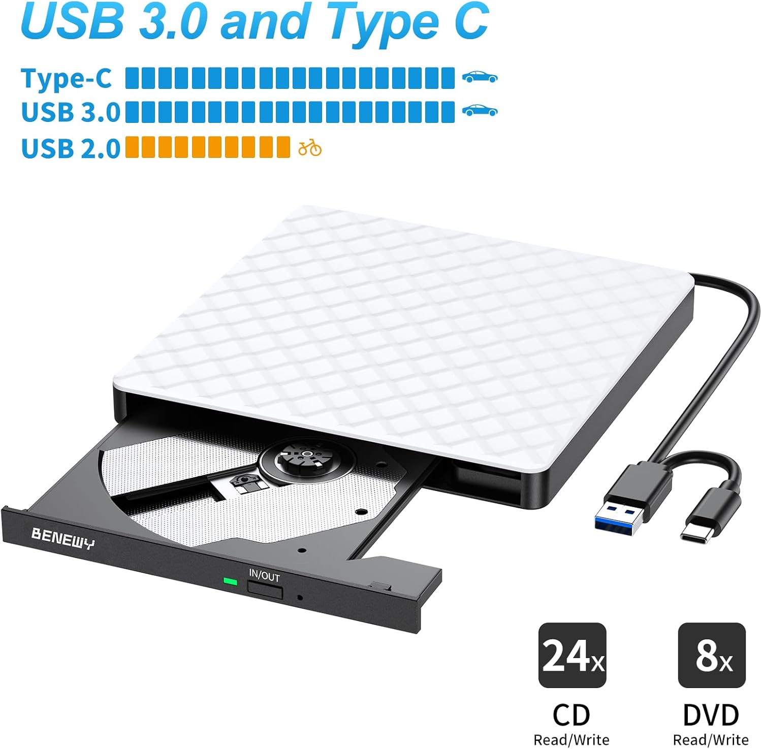 Benewy Lettore Masterizzatore CD/DVD Esterno USB 3.0 & Type C - immagine 5